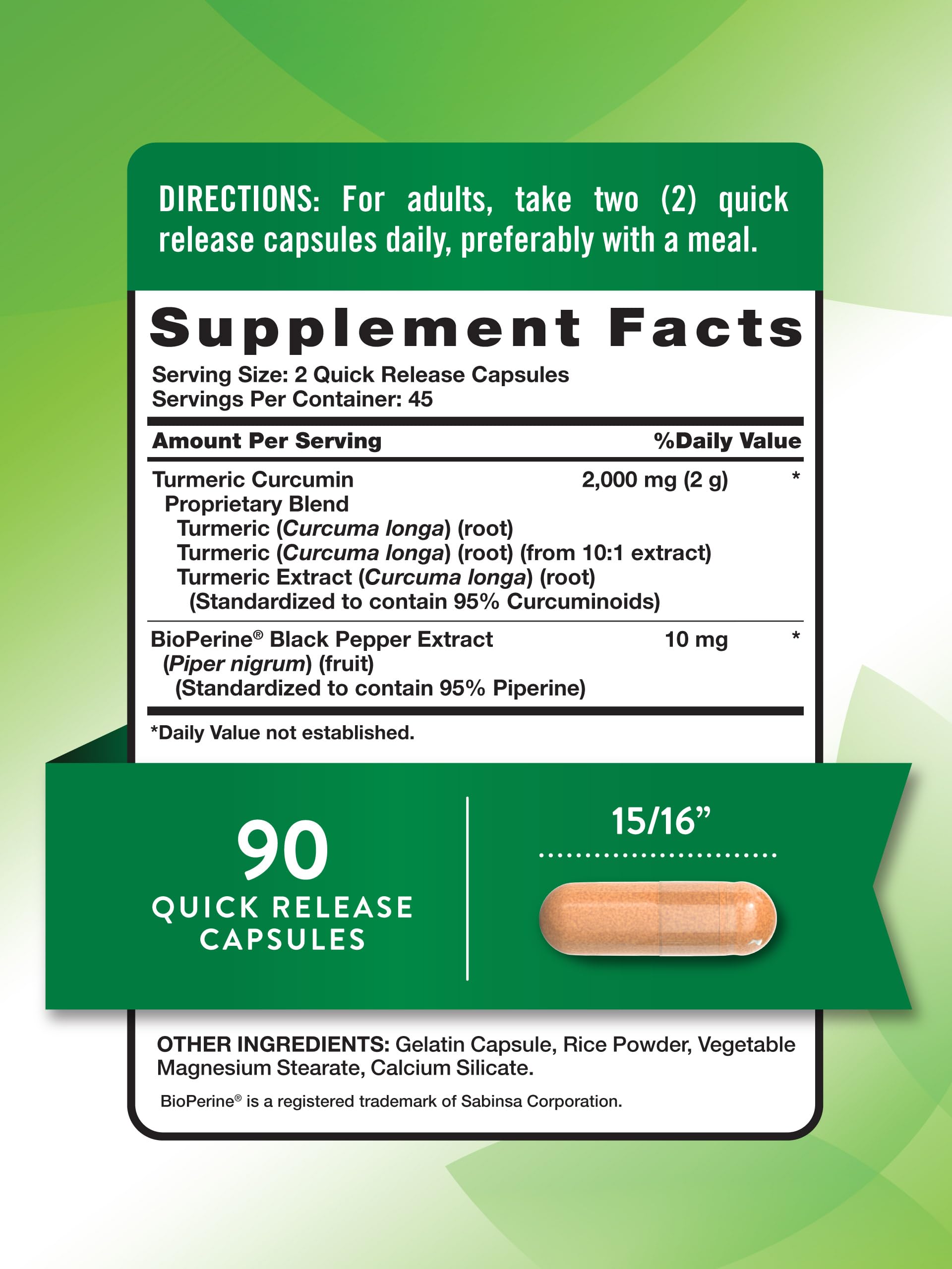 Turmeric Curcumin Capsules | 2000mg | 90 Capsules | with 95% Standardized Curcuminoids and Bioperine | Non-GMO, Gluten Free Supplement | by Nature's Truth