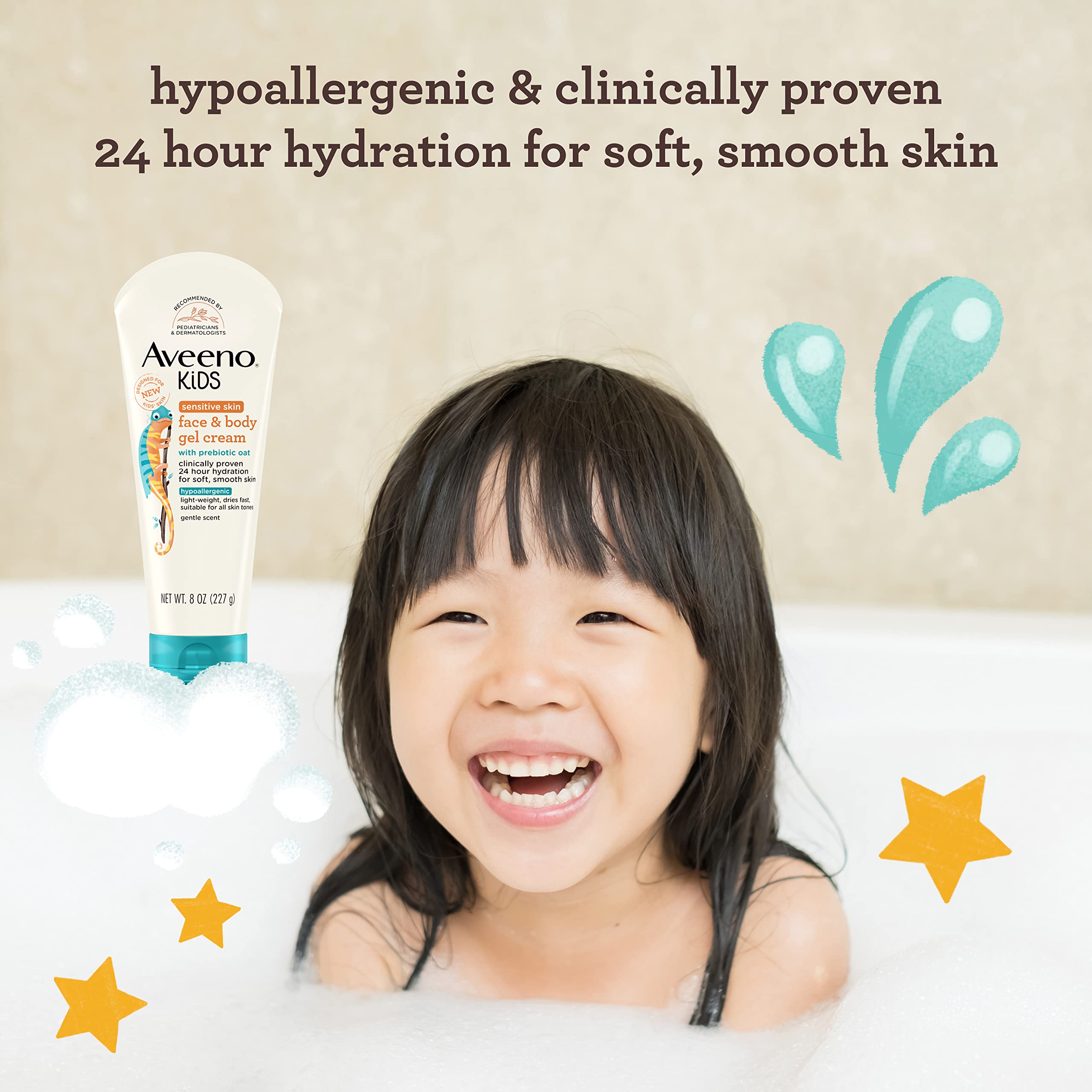 Aveeno Kids Sensitive Skin Face & Body Gel Cream with Prebiotic Oat, Clinically Proven 24 Hour Hydration for Soft Skin, Quick Drying and Lightweight, Hypoallergenic, 8 oz.