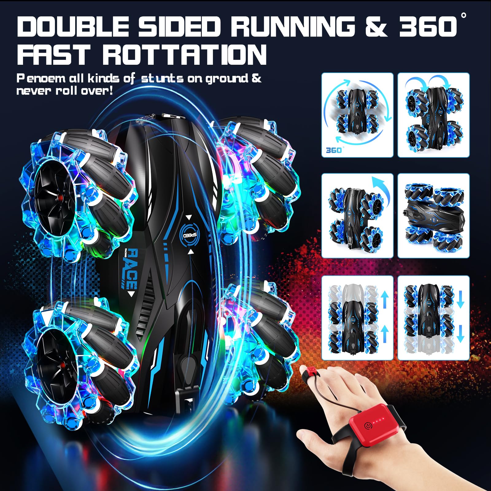 Aiqi RC Gesture Sensing Stunt Car,2.4GHz 4WD Remote Control Car with Cool Light,Double Sided Rotating Off Road Vehicle 360° Flips Cars for 6-12 Year Old Boys Girls Birthday Presents(Blue)