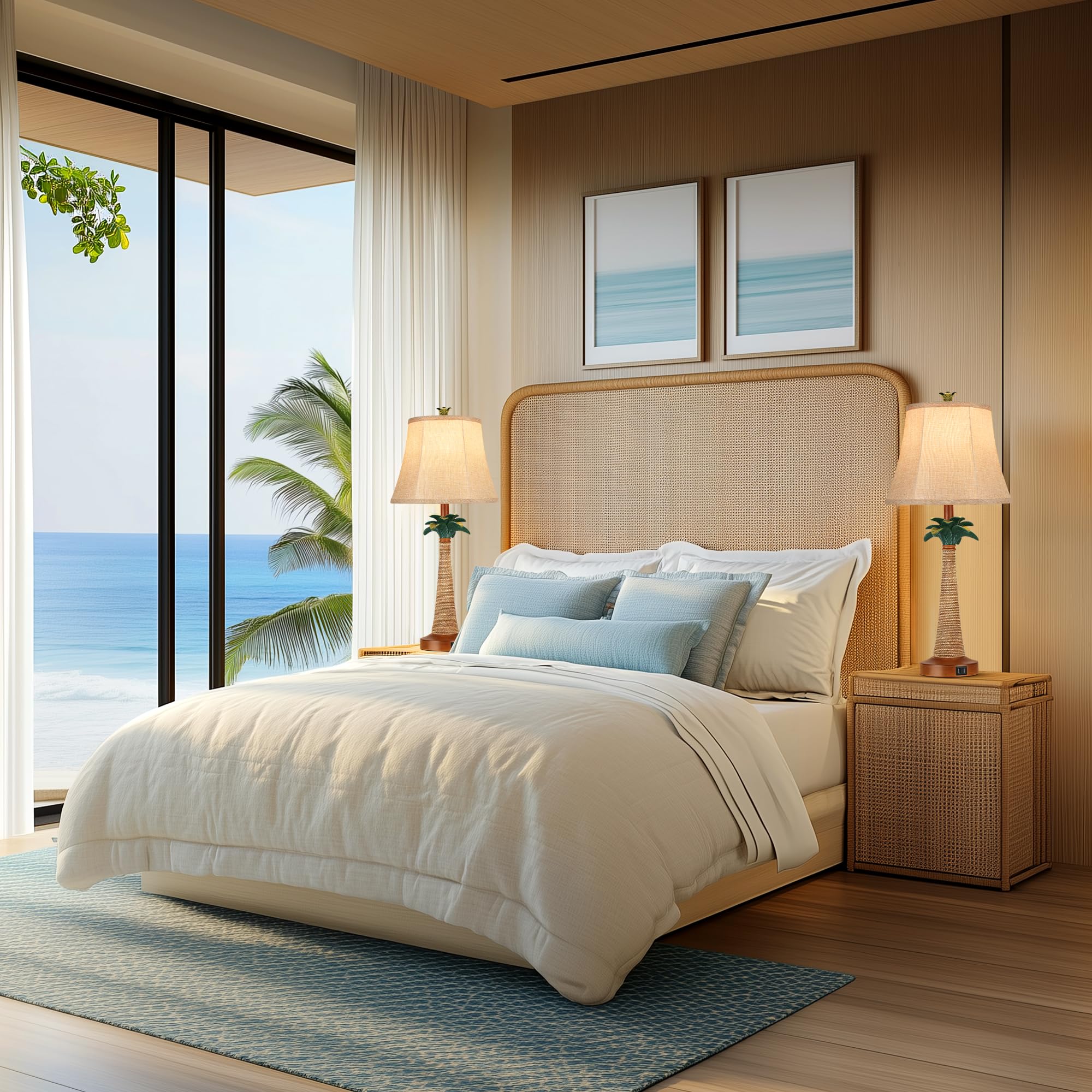 Set of 2 Coastal Palm Tree Table Lamps with 2 USB Ports for Living Room Beach Nautical Bedside Lamps for Bedroom Tropical Nightstand Lamps for Home Decor