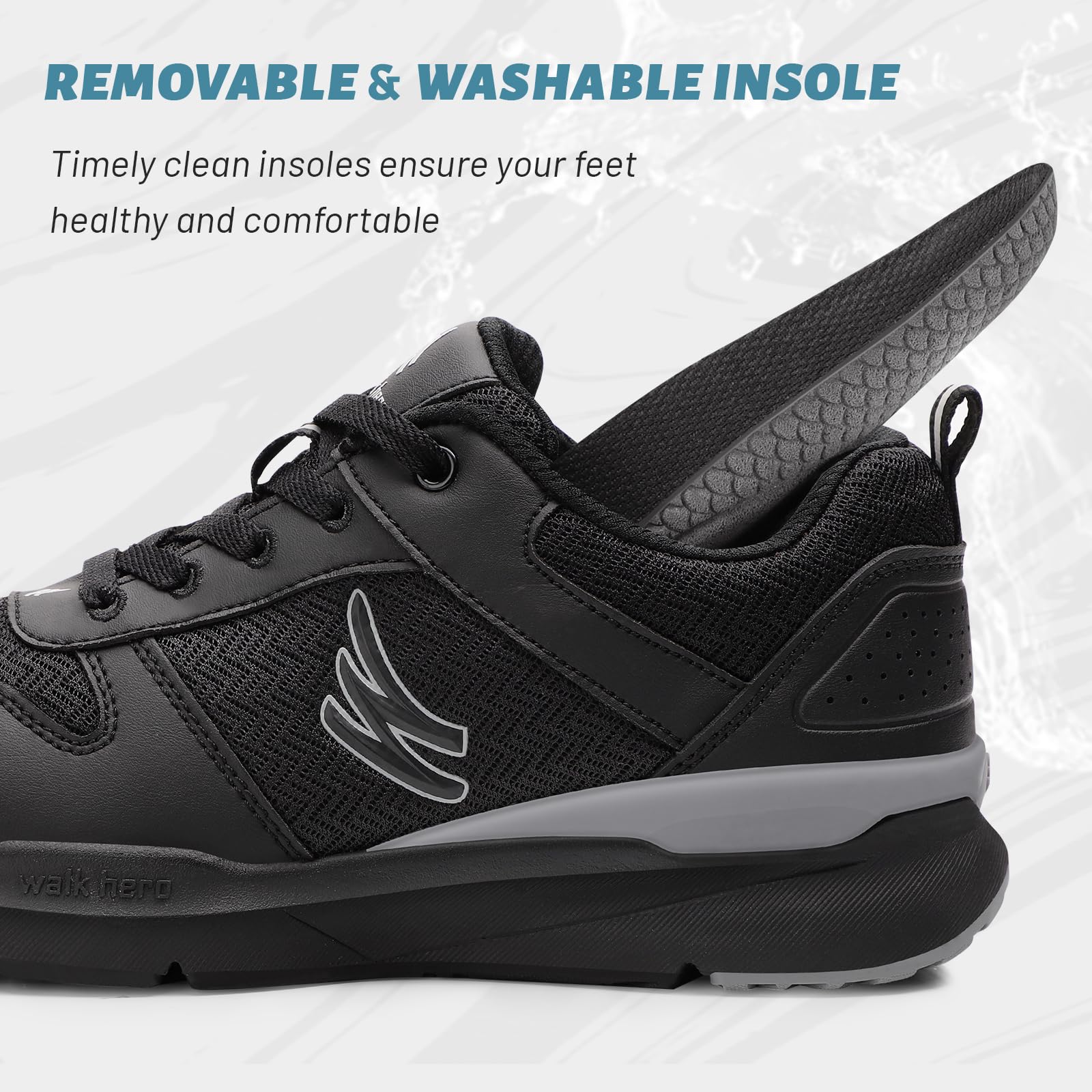 Mens Walking Shoes for Plantar Fasciitis, Orthopedic Casual Sneakers for Men with Arch Support, Wide Toe Box Shoes for Pain Relief with Non Slip Rubber Sole(Black, 8.5)