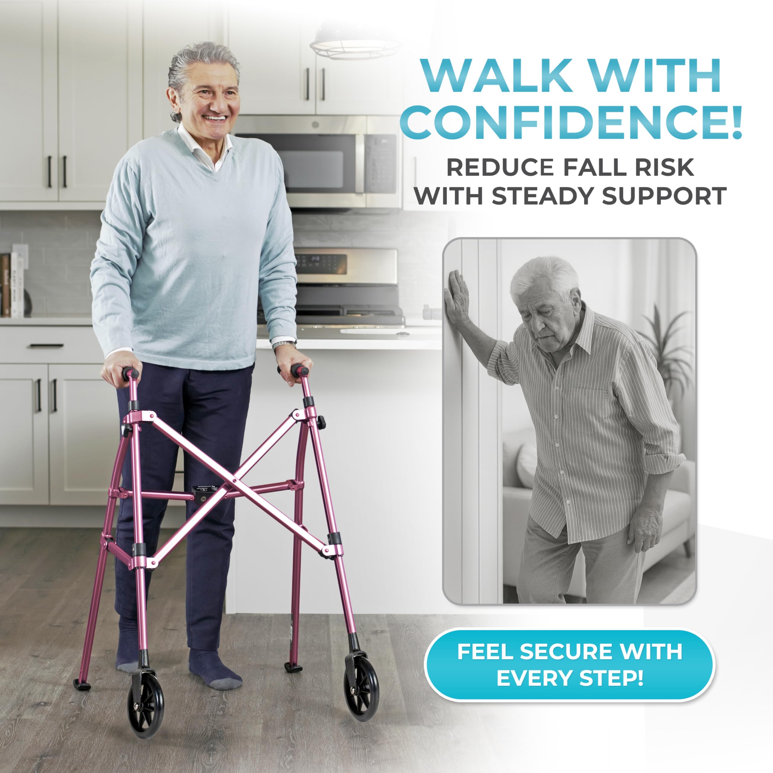 Stander Space Saver Walker, Lightweight Folding Rolling Mobility Aid for Seniors & Adults, Compact 2-Wheel Disability Device with 6-inch Wheels & Ski Glides for Walking Support, Regal Rose