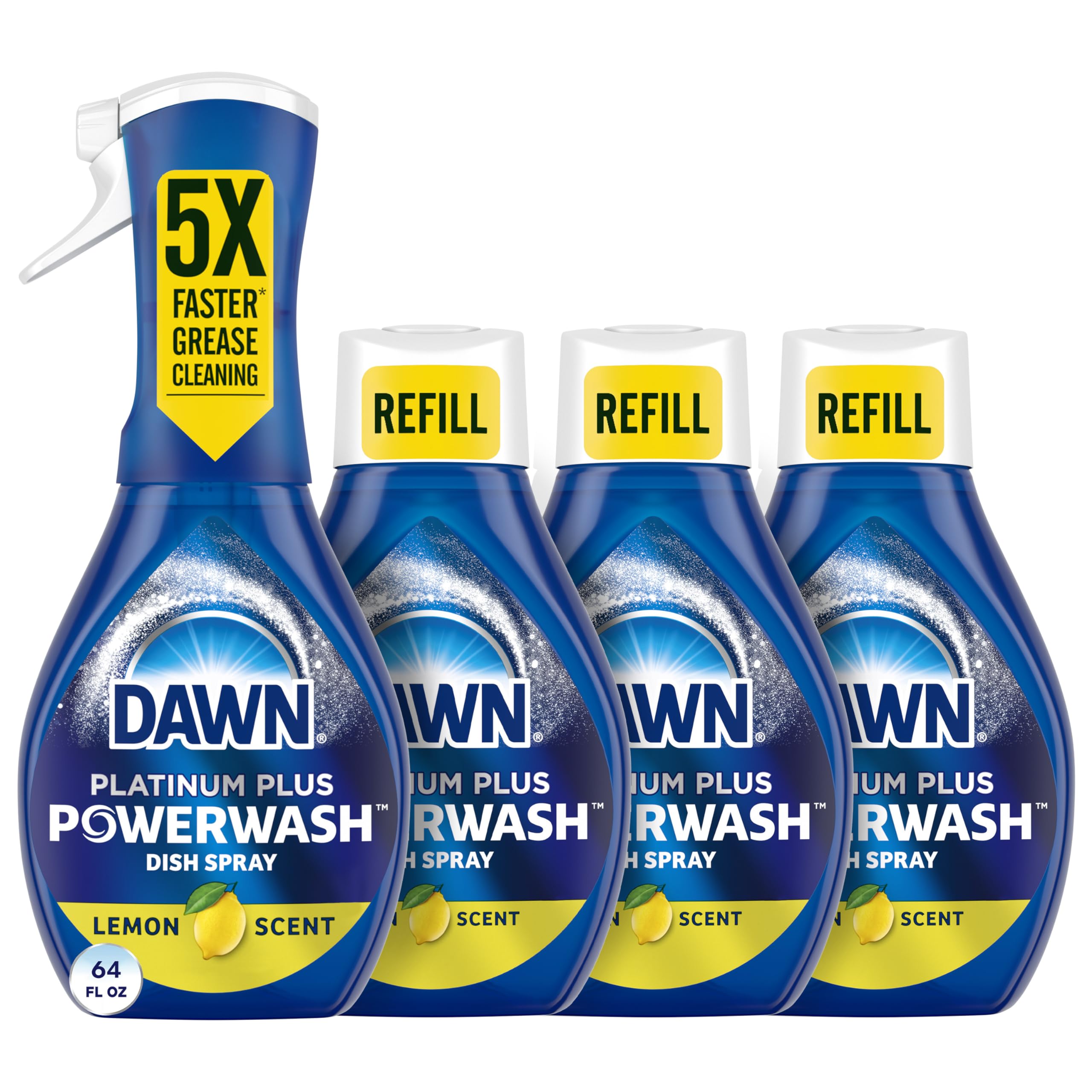 Dawn Powerwash Spray, Dish Soap, Dishwashing Liquid, Cleaning Supplies, Lemon, 1 Starter Kit + 3 Refills, 64 Fl Oz