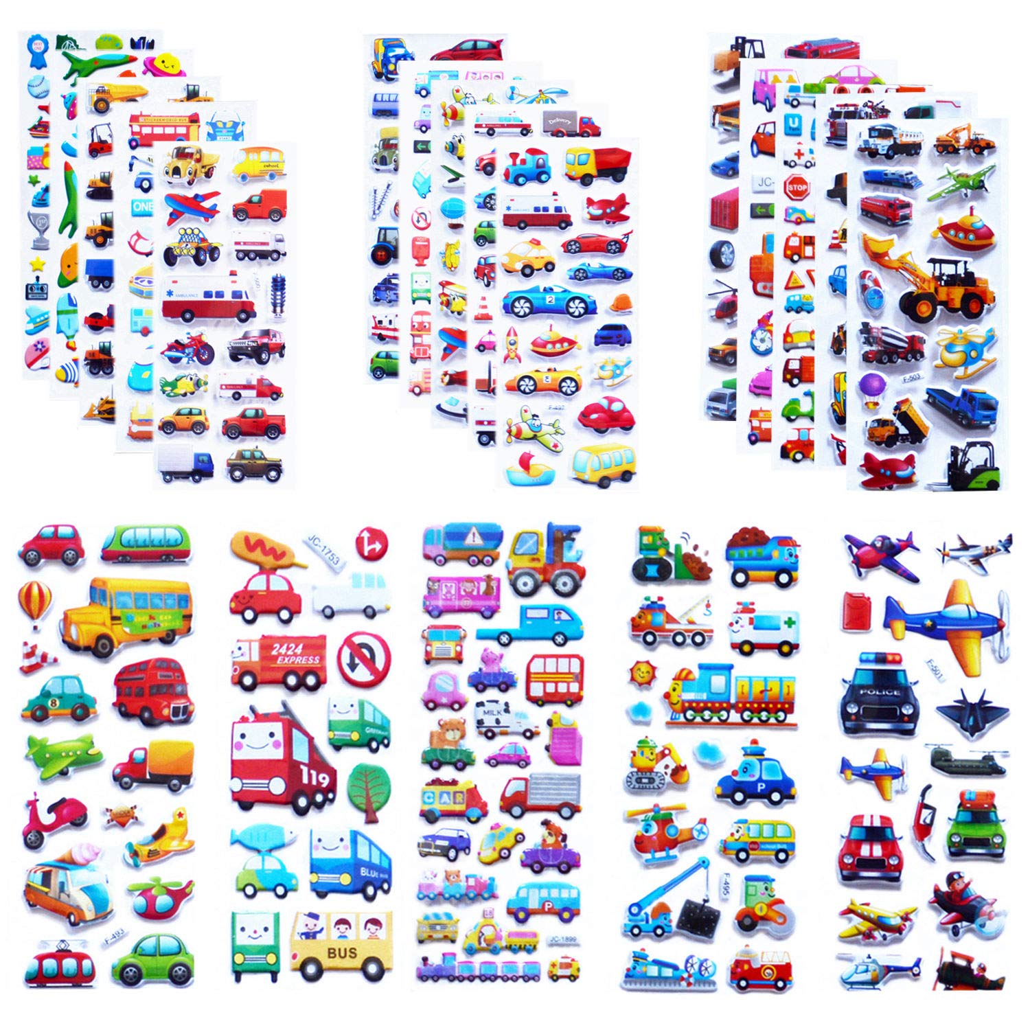Kids Cars and Trucks Stickers Party Supplies Pack, 20 Different Sheets, Vehicle Stickers for Kids Toddler Boys with Cars, Fire Trucks, Construction, Buses, Airplane, Rocket and More
