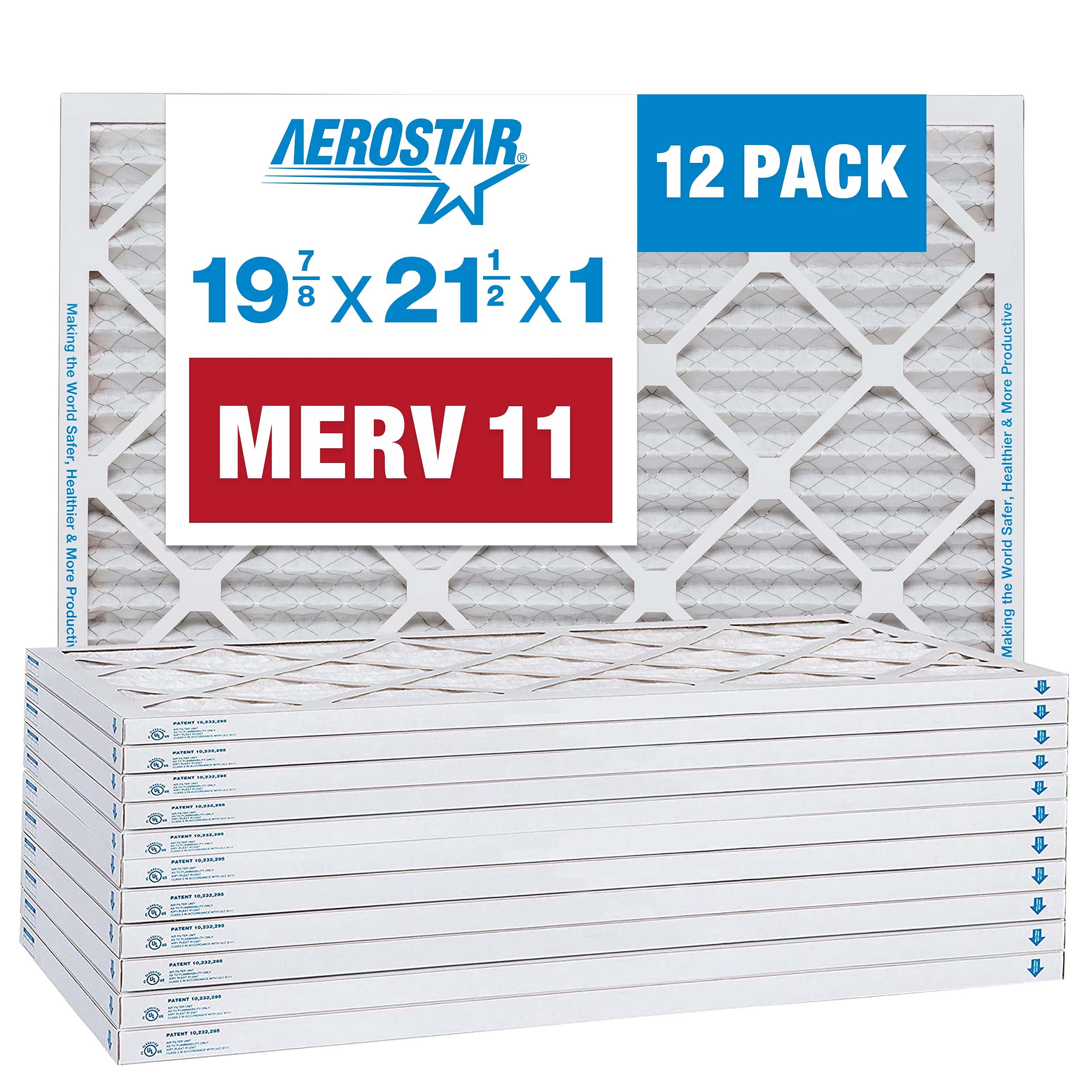 Aerostar 19 7/8x21 1/2x1 MERV 11 Pleated Air Filter, AC Furnace Air Filter, 12 Pack (Actual Size: 19 7/8" x 21 1/2" x 3/4")