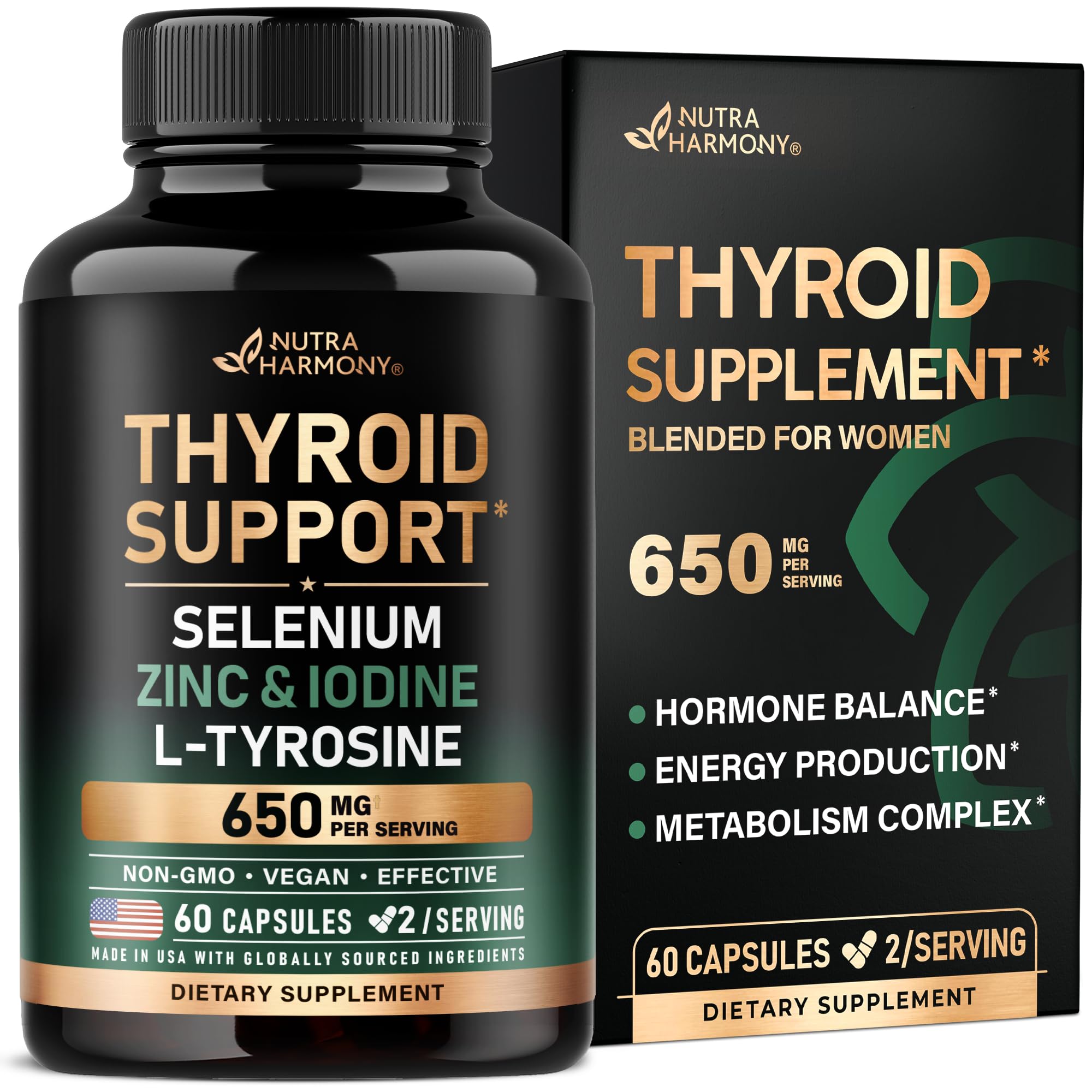 Thyroid Support for Women - Selenium 200 mcg | Astragalus | Zinc & Iodine | L-Tyrosine | Adaptogen Herbs - 21-in-1 Antioxidant & Immune Support - Made in USA - Vegan, Non-GMO, Lab Tested - 60 Capsules
