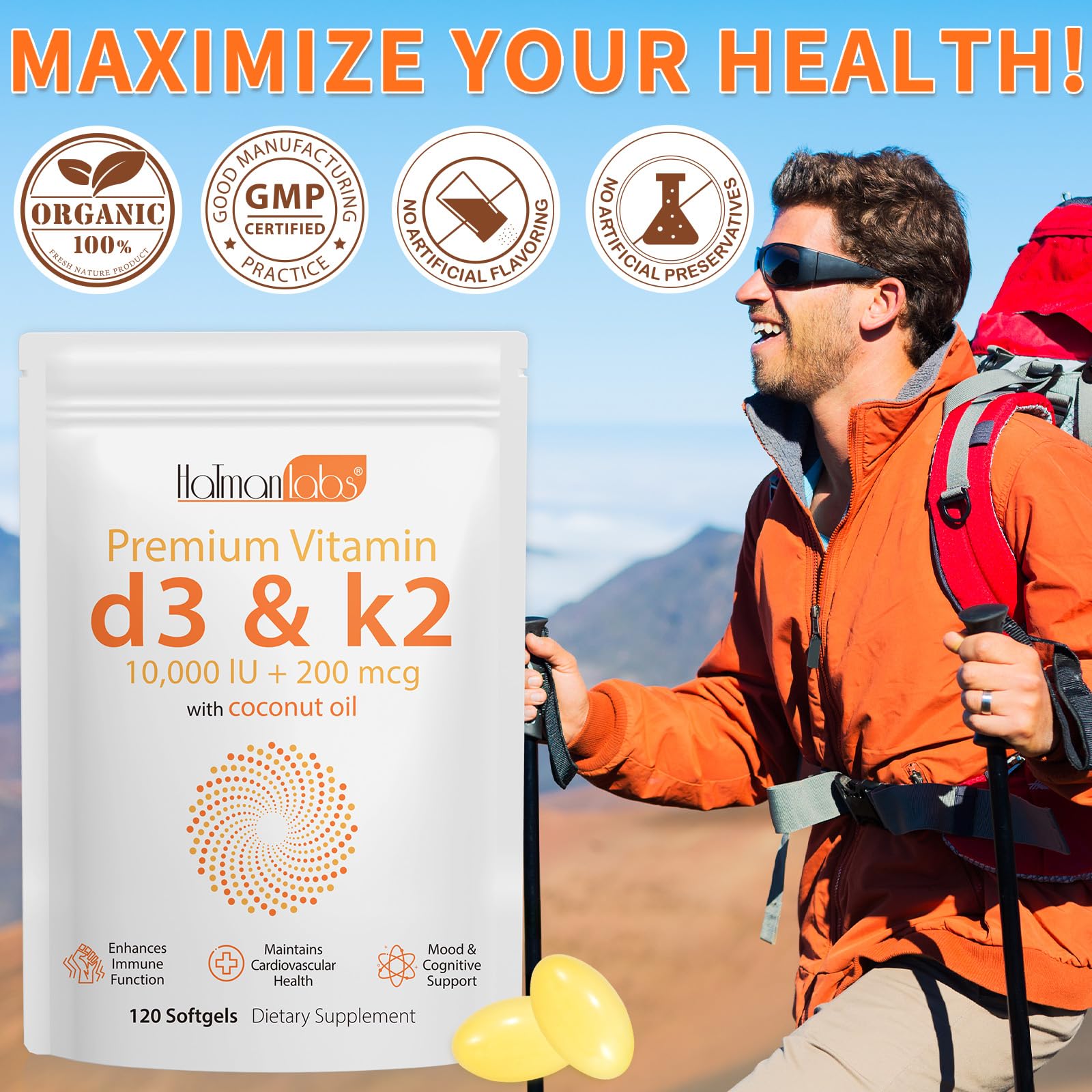 MXCZBSM Vitamin D3 K2 Supplement Softgel, Vitamin D3 K2 Softgel with 10000 IU Supports Immune, Heart, Teeth & Bone Health, Free of GMO, Gluten, Soy