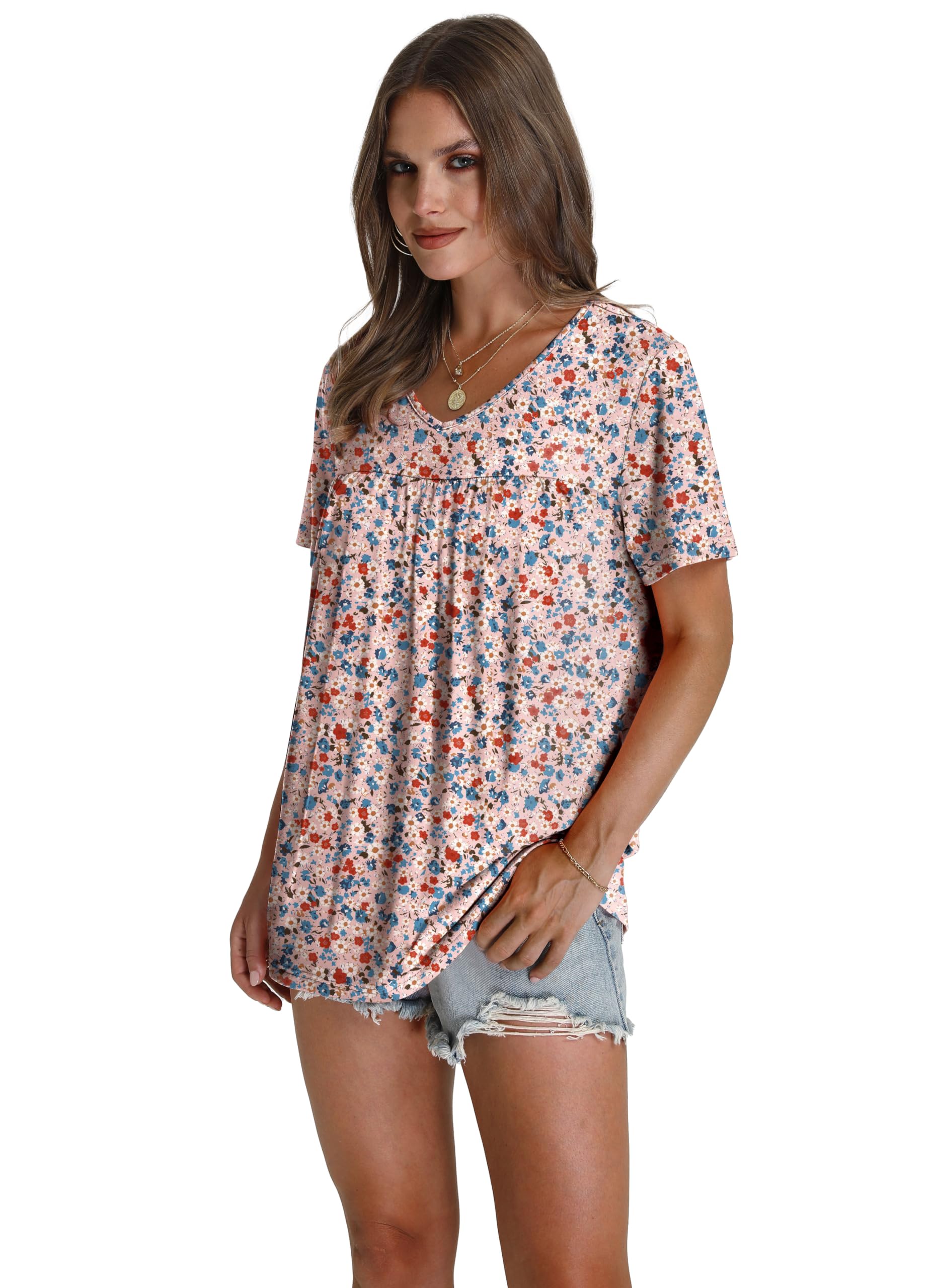 Tshirts Shirts for Women Floral Casual Summer Tops Trendy Short Sleeve V Neck Blouses Loose Fit Beach Vacation Clothes Resort Wear 2025 Pink L