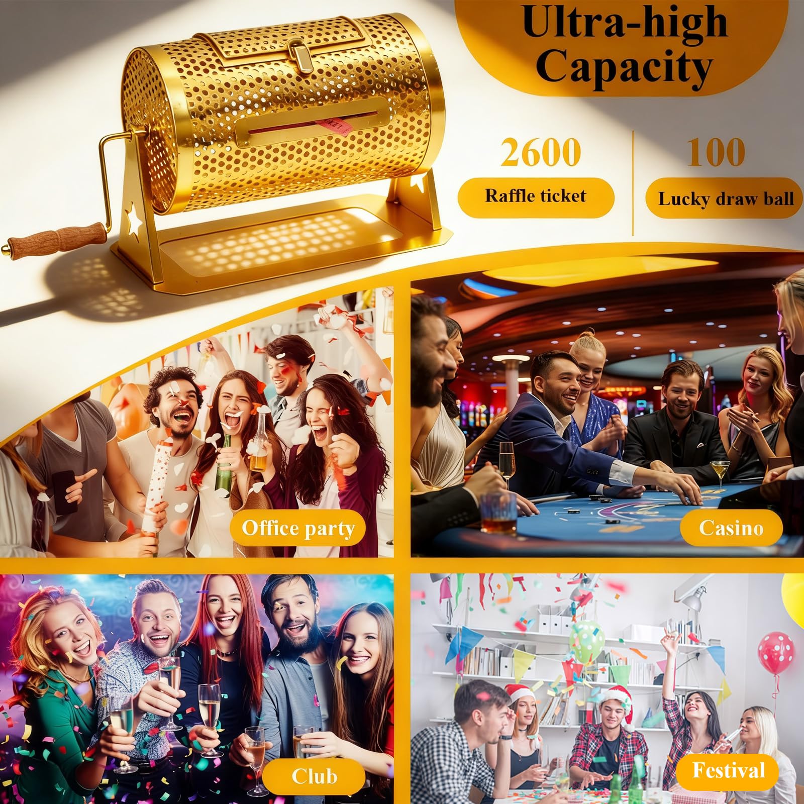 AMOEJOV Raffle Drum, Professional Raffle Ticket Spinning Cage,Thickened Metal Raffle Ticket Spinner Box with Sealing Tape, Silent Design Wooden Turning Handle.for Lottery Games, Bingo, Raffle Balls