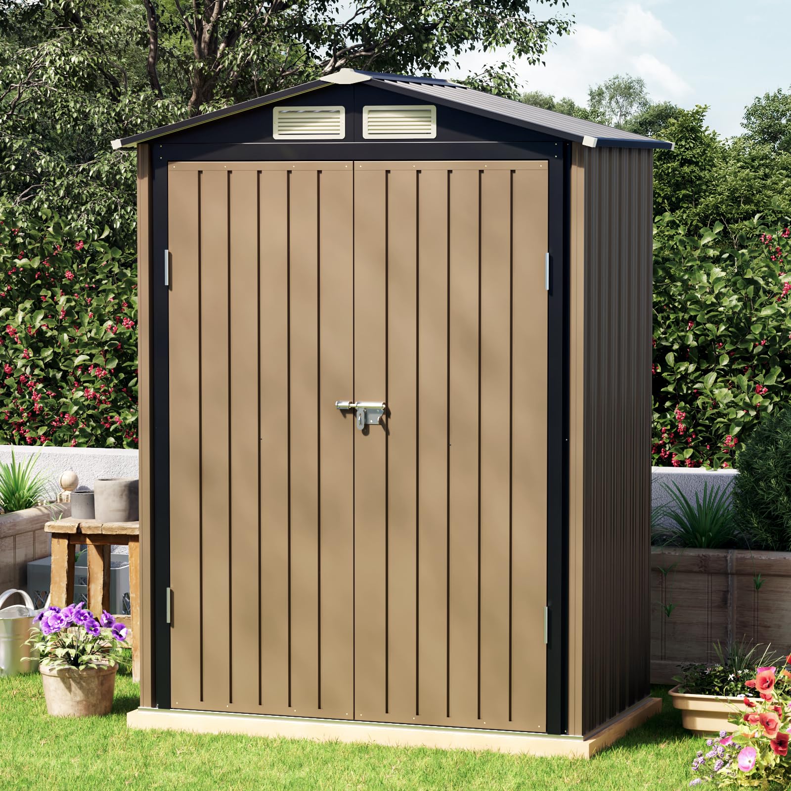 Grovellis 5x3 FT Outdoor Metal Storage Shed with Floor Frame, Double Door, 1 Clear Window, Tool Shed for Garden, Patio, Backyard Brown