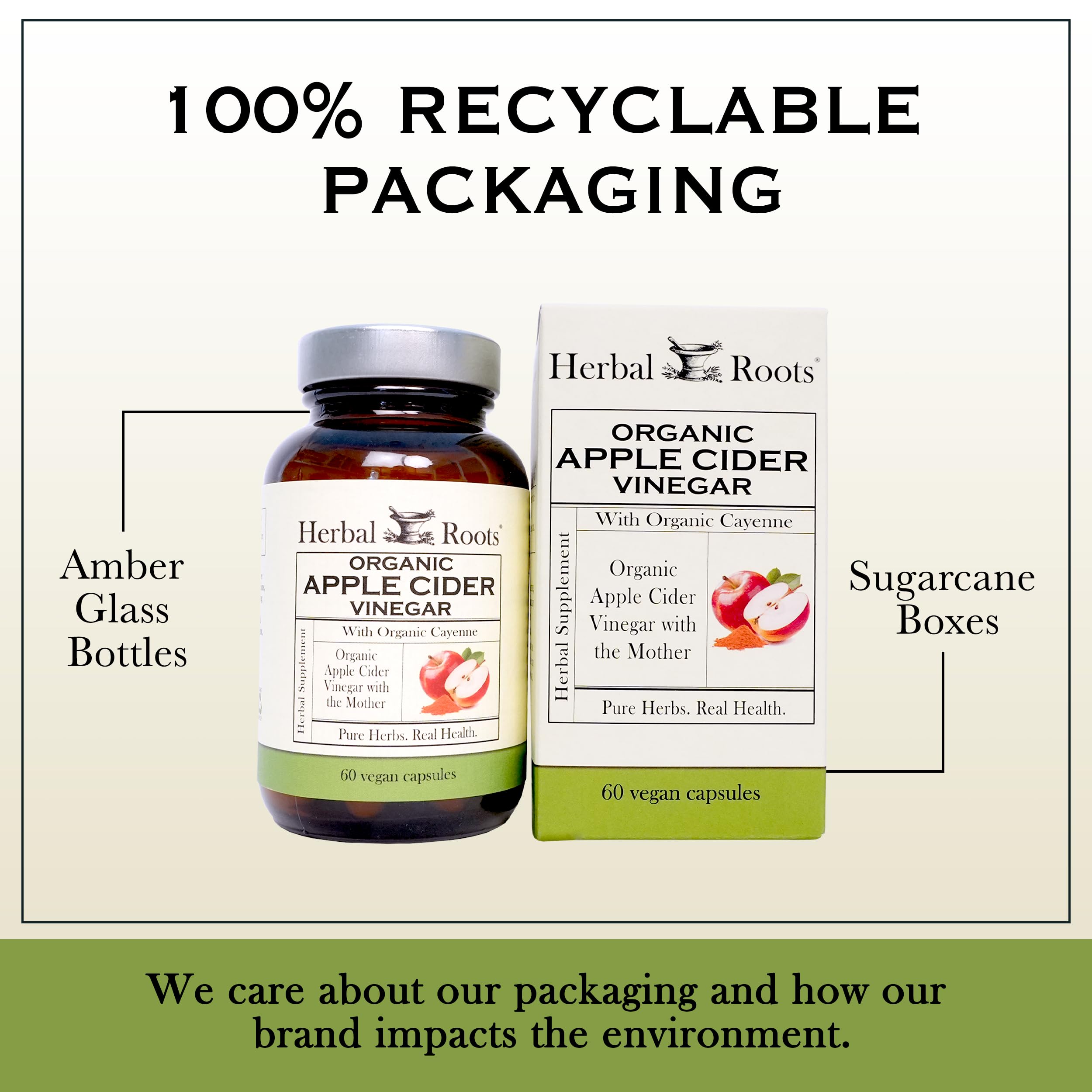 Herbal Roots Organic Apple Cider Vinegar Capsules with Mother and Organic Cayenne | 650 mg | 60 Vegan Capsules