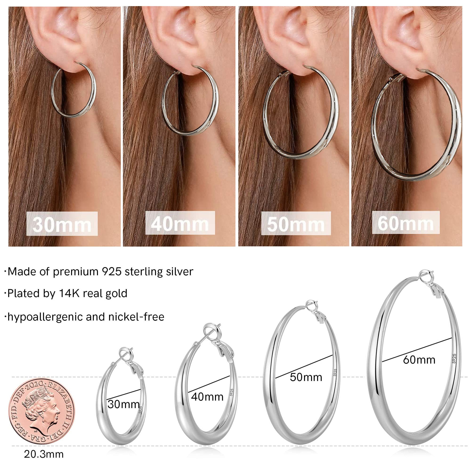 EXGOX Gold Large Hoop Earrings 925 Sterling Silver Hypoallergenic Lightweight 14K Real Gold Plated Big Circle Hoop Earrings for Women Girls (30/40/50/60mm)