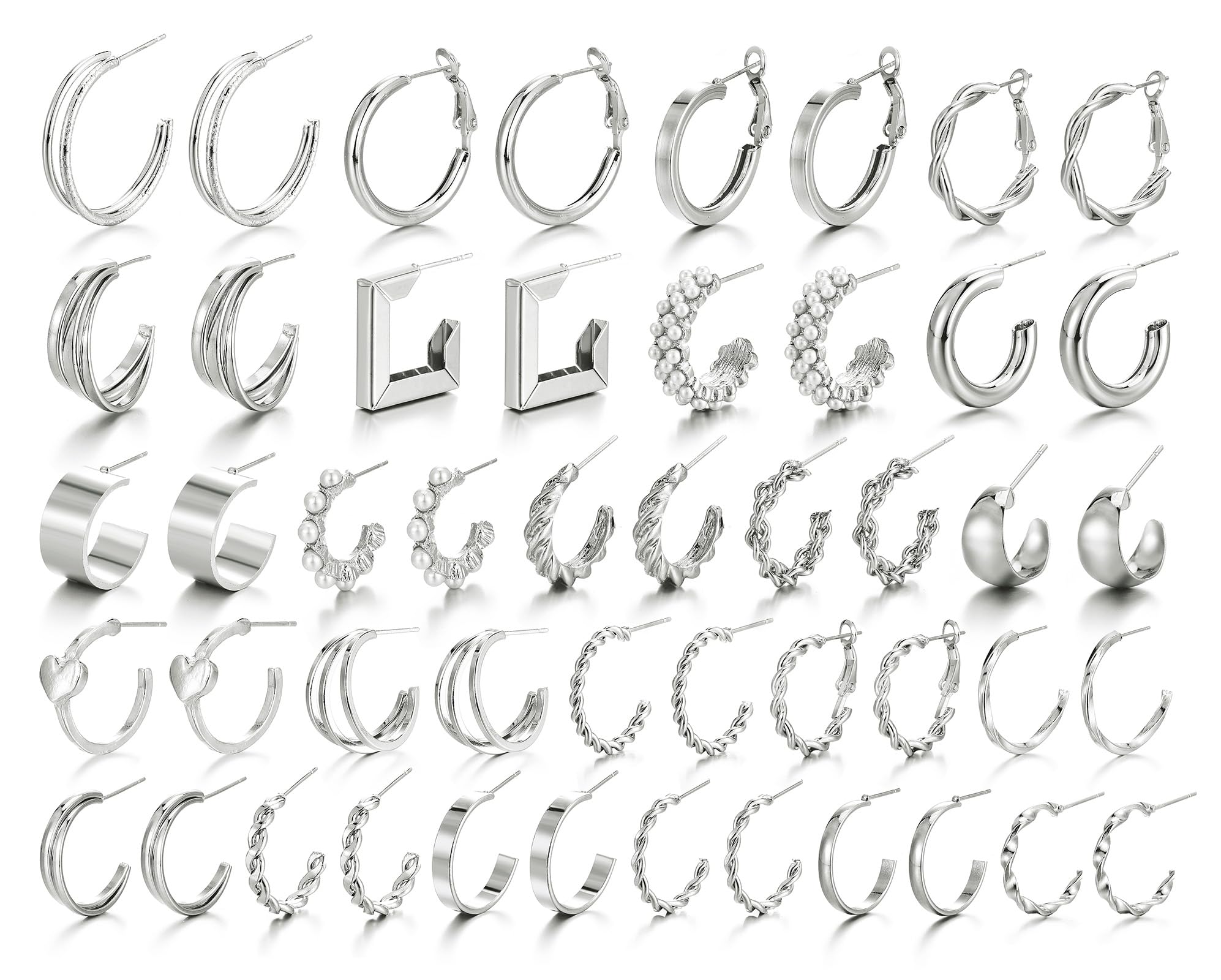 IFKM 24 Pairs Silver Hoop Earrings Set For Women Girls Hypoallergenic Chunky Chain Twisted Open Hoops Dangle Earring Packs For Birthday Party Christmas Fashion Jewelry Gift…