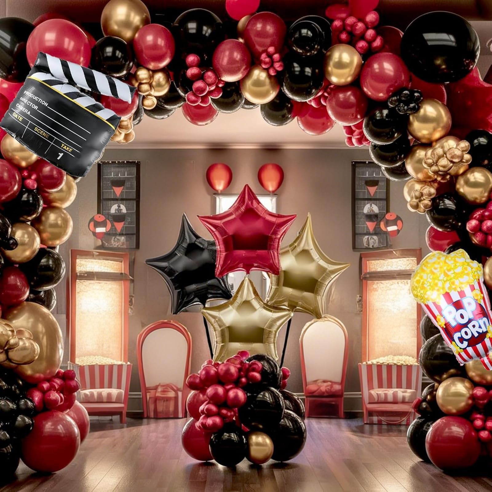 Movie Night Balloon Garland Arch Kit, Red Black Gold Balloons with Camera Star Foil Popcorn Flim Clapperboard Balloons for Birthdays Anniversaries Movie Theater Film Party Decorations