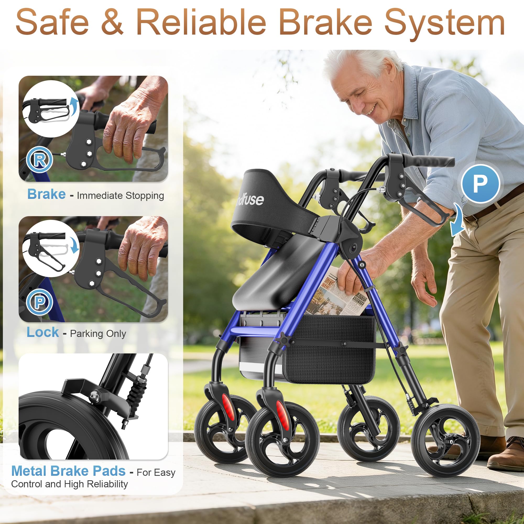 SOUNDFUSE Walkers for Seniors with seat, Foldable Rollator Walker with Double Support Bar, 16" Extra Wide Ergonomic Arc Seat, 8" All Terrain Wheels, 350lb, Dual Height Adjustable, and Storage Bag