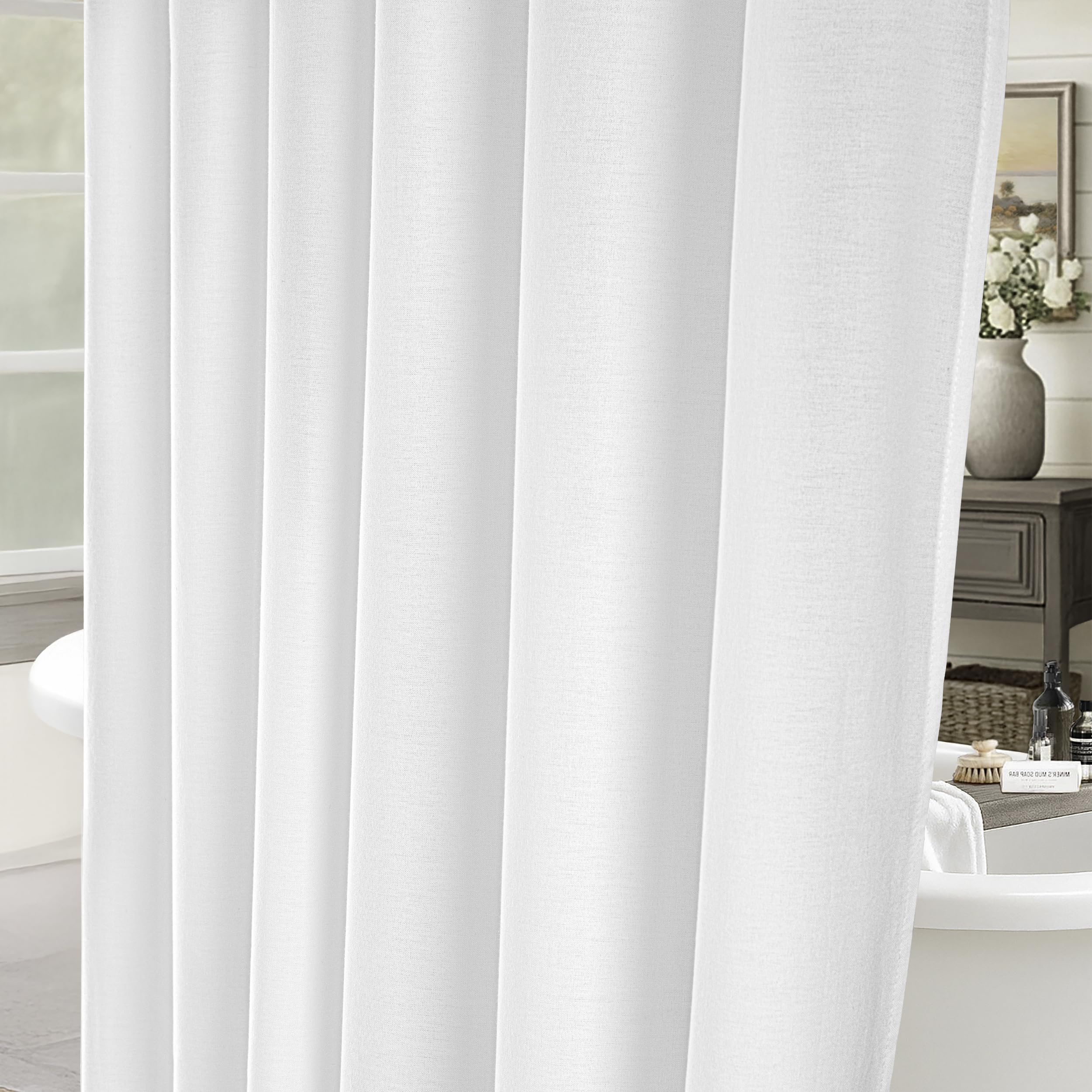 Seasonwood Linen Shower Curtain White Fabric Shower Curtain Boho White Shower Curtains for Bathroom Modern Farmhouse Bathroom Decor (72x72 Inch)