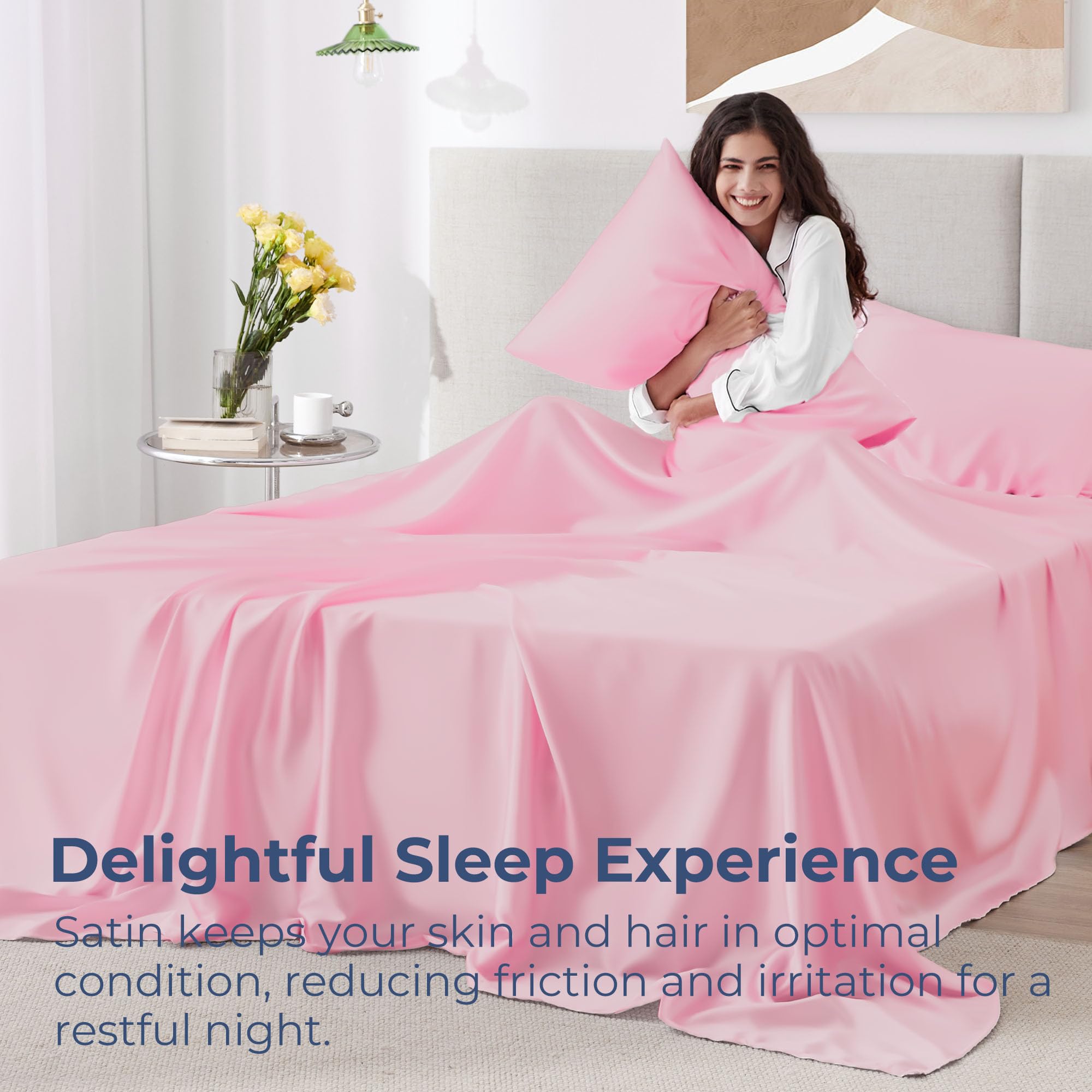 Seasonwood Twin Size Sheet Set Satin Sheets Pink Microfiber Silk Bed Set of 3 with 1 Pillowcase