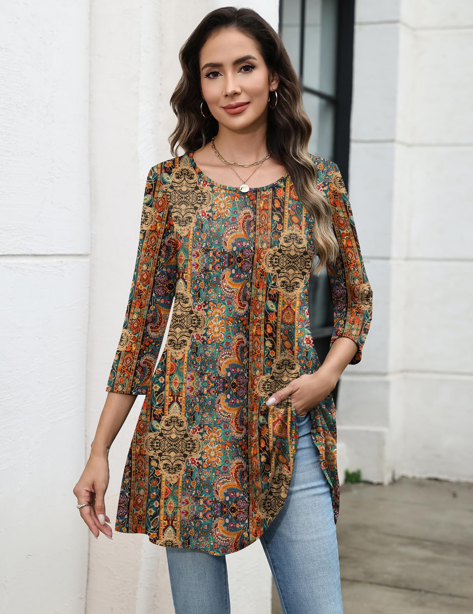 Zeagoo Womens Boho Tops Round Neck 3/4 Sleeve Shirt Fashion Casual Tunic Blouse Summer Loose Fit Tee Tops