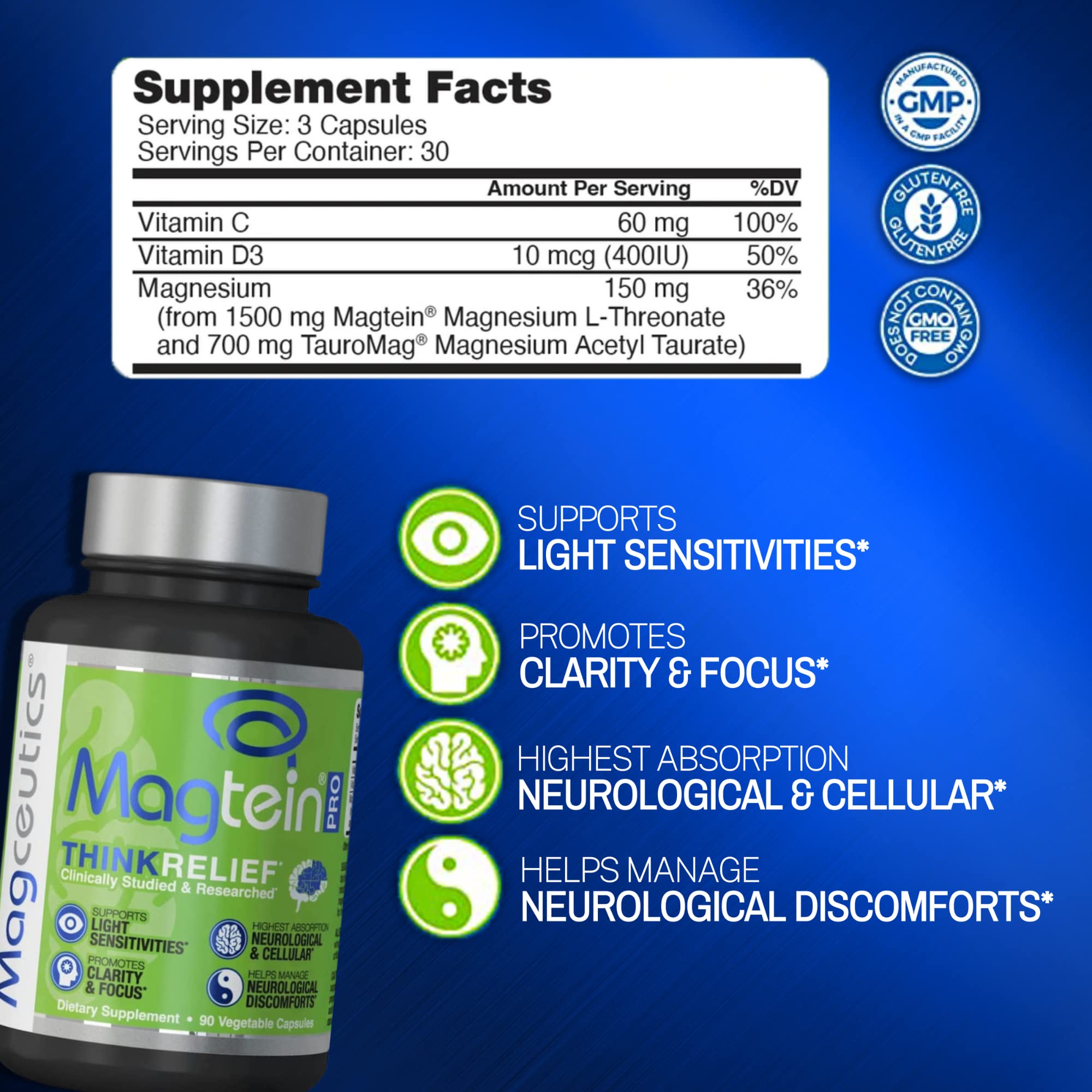 MagteinPRO with Magnesium L-Threonate and Magnesium Acetyl Taurinate to Relief PMS and Cramp, Brain Discomforts and Light Sensitives - 90 Veg Caps