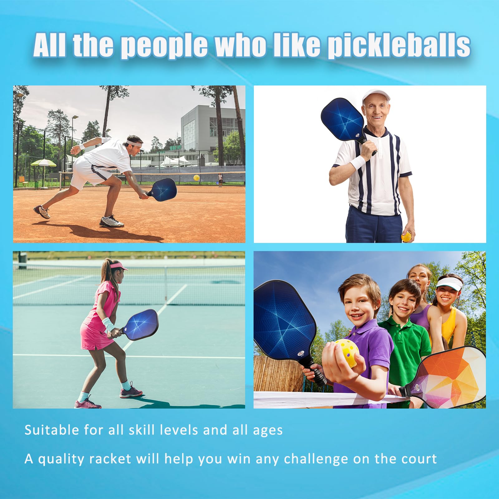 Kaniya Pickleball Paddles Set of 2,Fiberglass Pickle Ball Paddle ergonomic Pickleball rackets for both men and women,a gift for beginners and adults(blue)