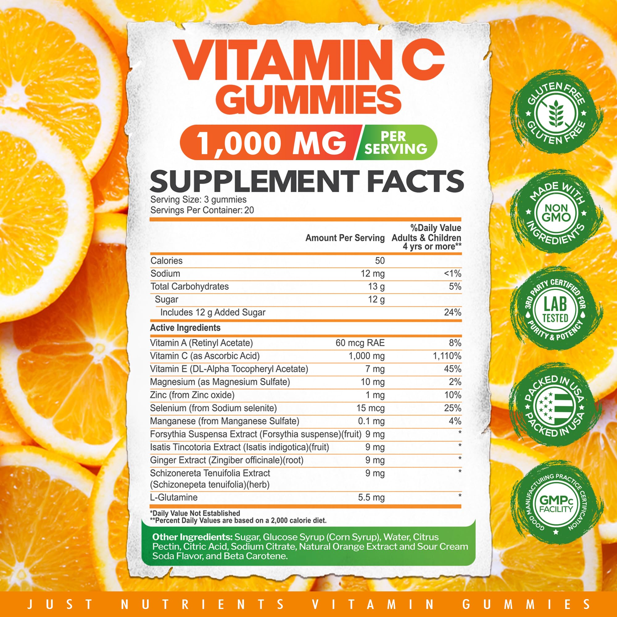 Vitamin C 1000mg Gummies for Adults & Kids β Multivitamin with Zinc & Herbal Extracts for Immune & Collagen Support for Skin β Orange Flavor β Gluten Free, Non-GMO, Vegetarian β 60 Gummies