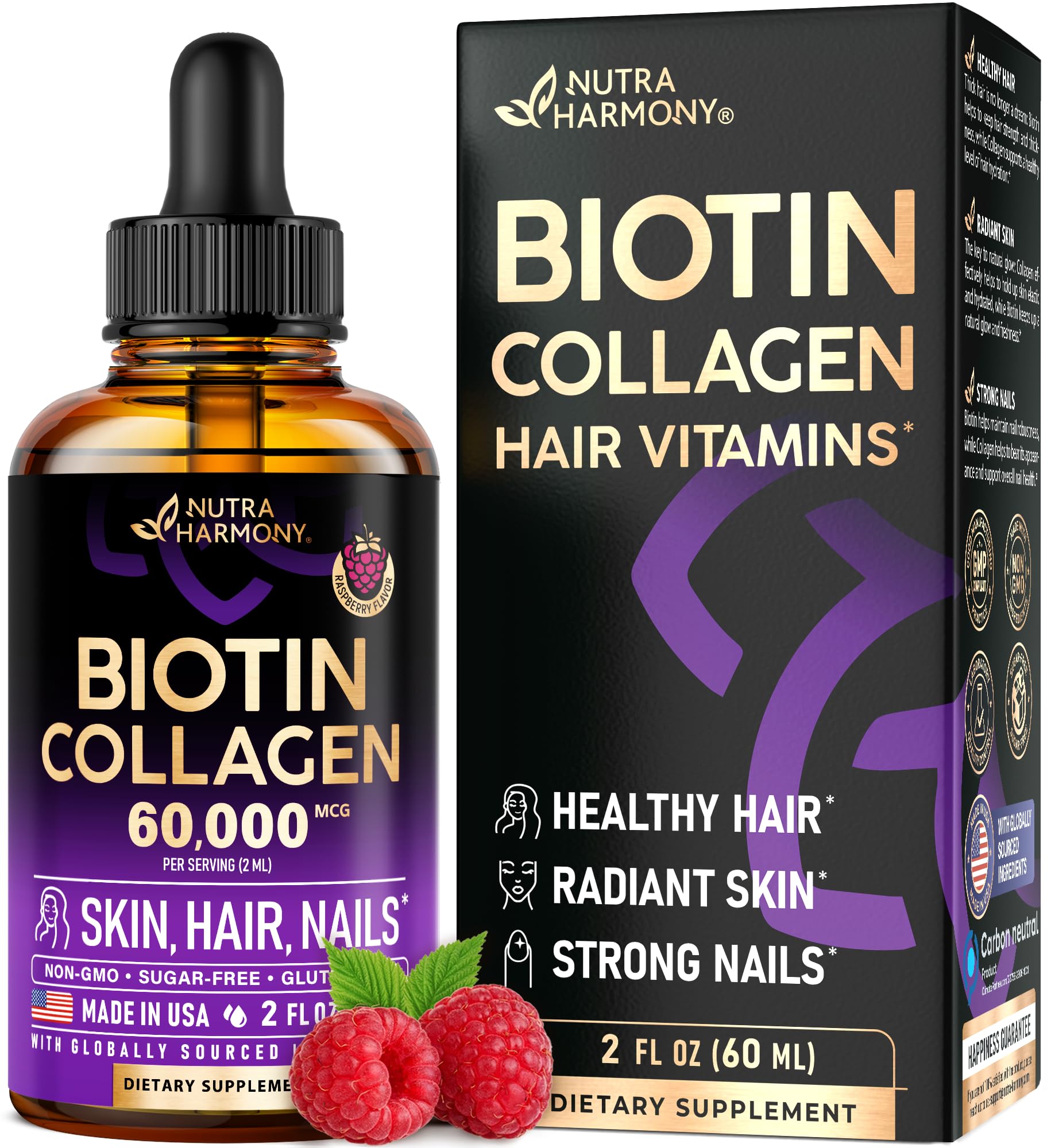 Liquid Biotin & Collagen 60,000 mcg - Vitamins for Hair Growth Support - Extra Strength Drops for Women & Men - Liquid Collagen Supplement - Strong Nails & Healthy Skin - Made in USA - 2 Fl Oz