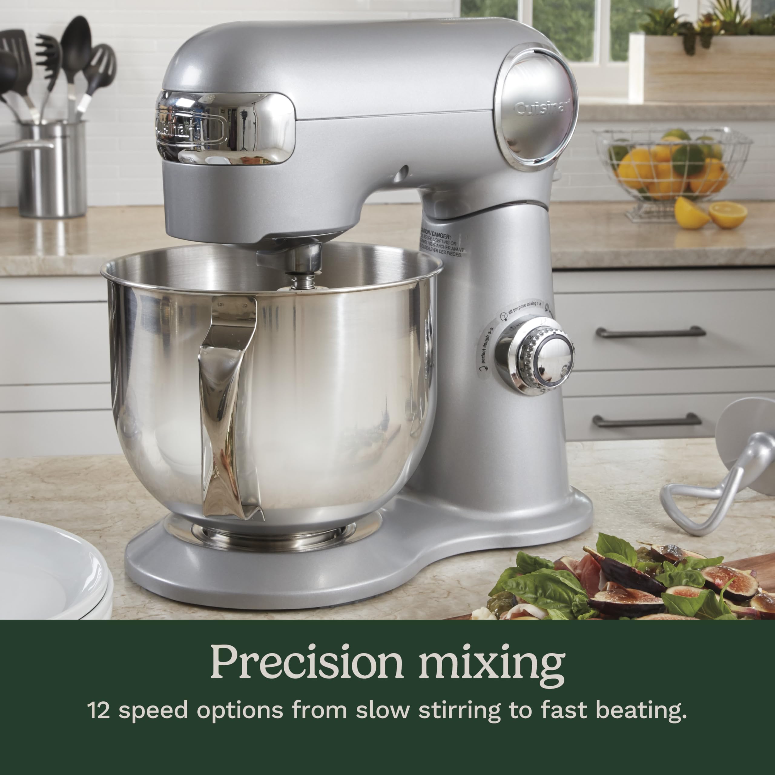 Cuisinart Stand Mixer, 12 Speeds, 5.5-Quart Mixing Bowl, Chef's Whisk, Flat Mixing Paddle, Dough Hook, and Splash Guard with Pour Spout, Silver Lining, SM-50BC, Silver Lining