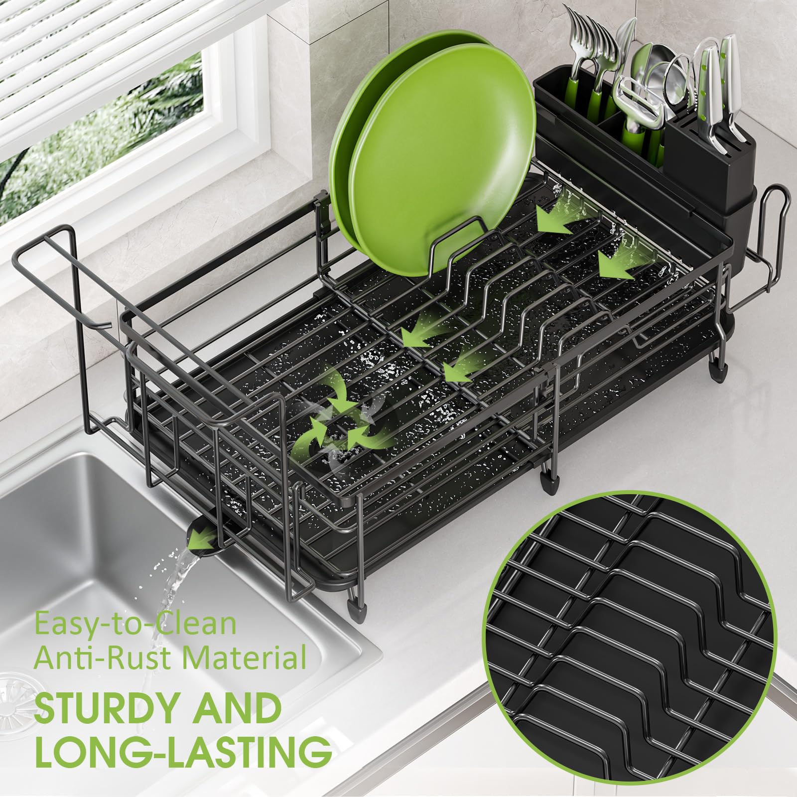 Urackify Expandable Dish Drying Rack for Kitchen Counter, Large Adjustable Dish Rack with Wine Glass and Cutlery Holder, Anti-Rust Dish Drainer with Swivel Drainage Spout