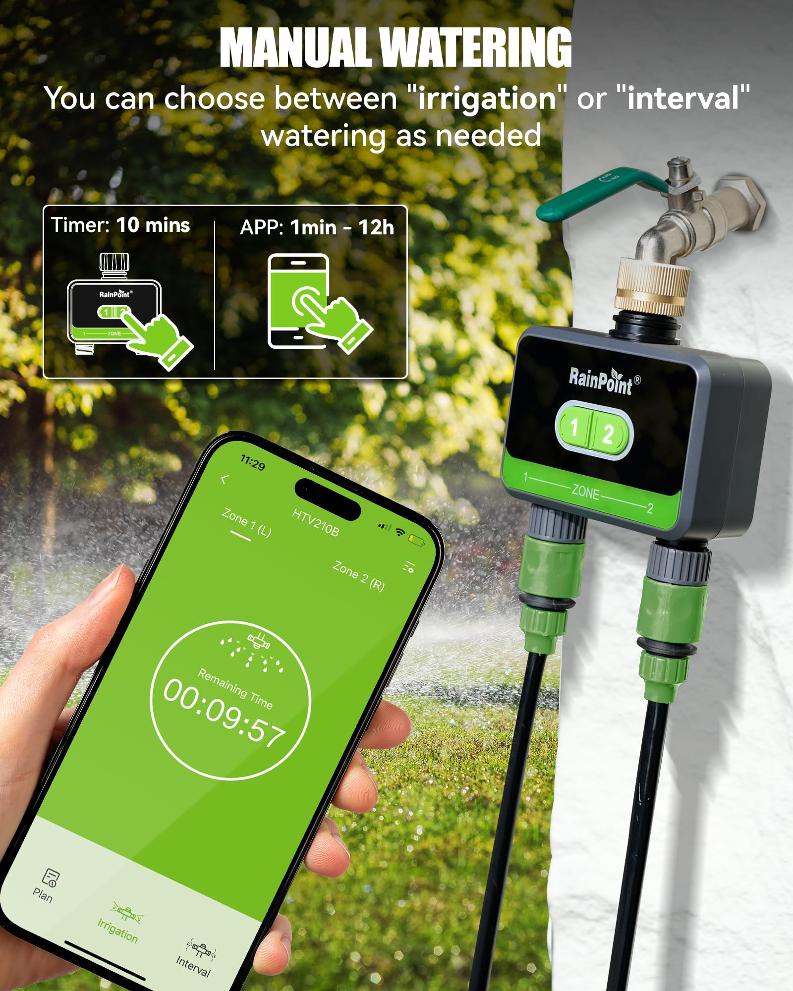 RAINPOINT Smart Water Timer for Garden Hose-Timer Only, WIFI Sprinkler Timer 2 Outlet(2.4Ghz WIFI), Smart Hose Timer with Rain Delay, Smart+ APP Control, Automatic Irrigation System for Lawns and Yard