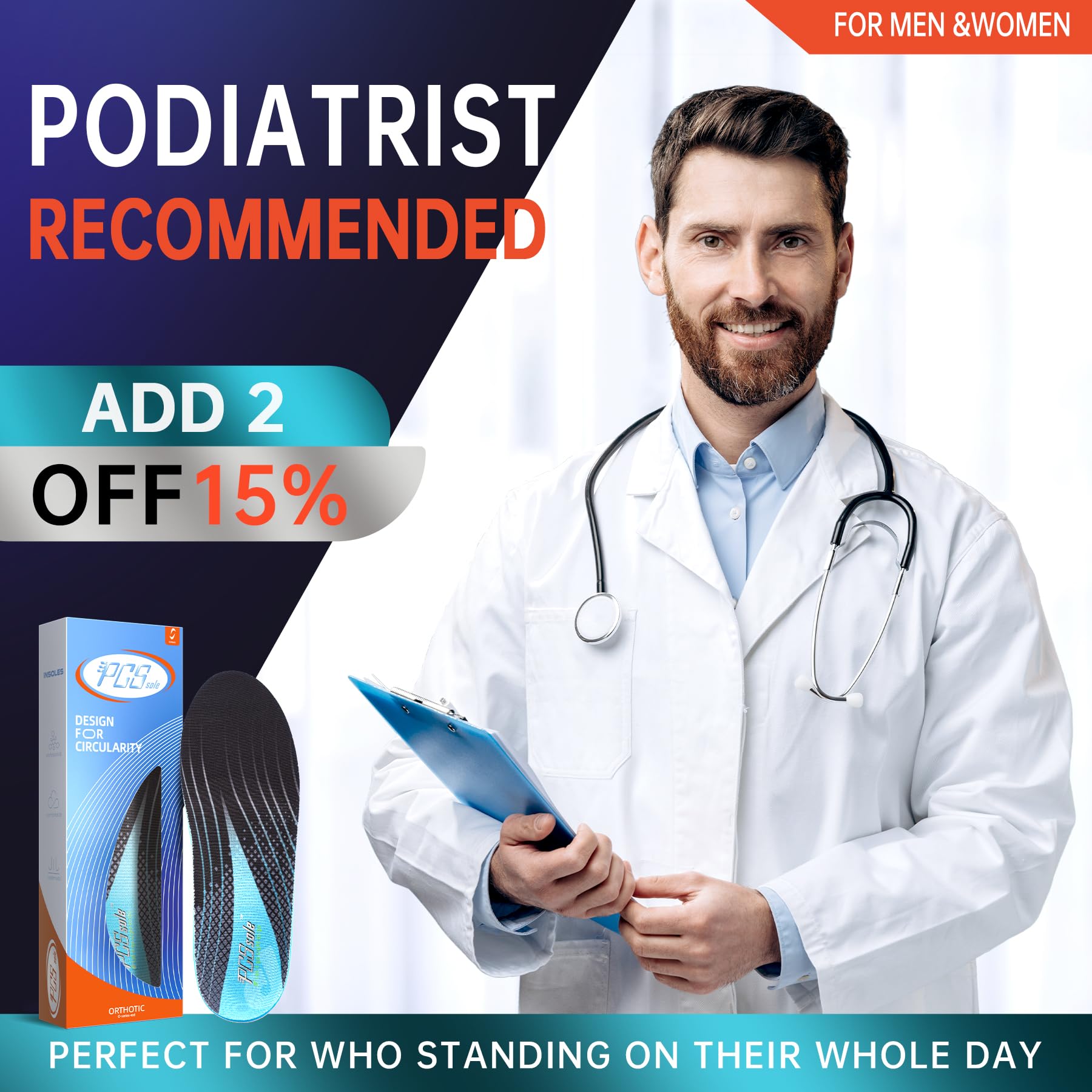 PCSsole Plantar Fasciitis Insoles Men Women- 220+lbs Heavy Duty High Arch Support Inserts with Comfort Cushion Orthotic Pain Relief Insoles for Flat Feet - Arch Pain - Heel Pain -Work Boot Shoe Insole