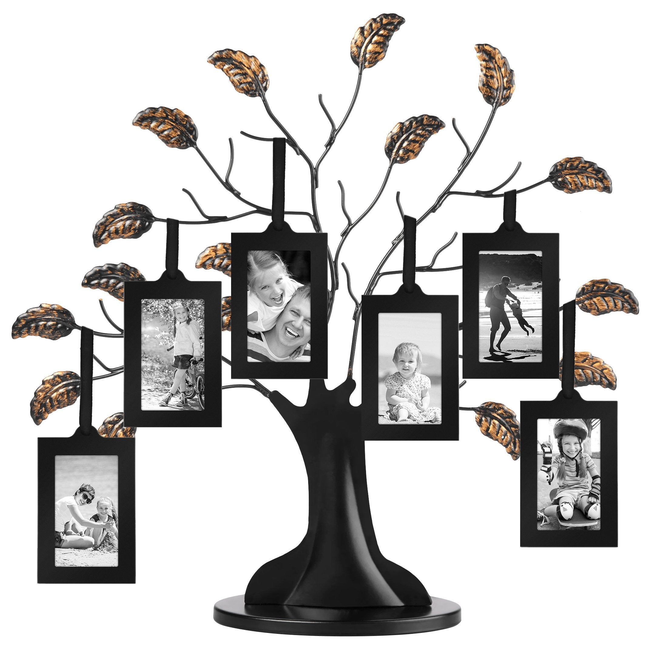 Americanflat Family Tree Picture Frame - Includes 6 Hanging 2x3 Picture Frames - Adjustable Ribbon Tassels - Perfect for Mother's Day, Birthdays, Christmas Day, Anniversary - Black and Bronze