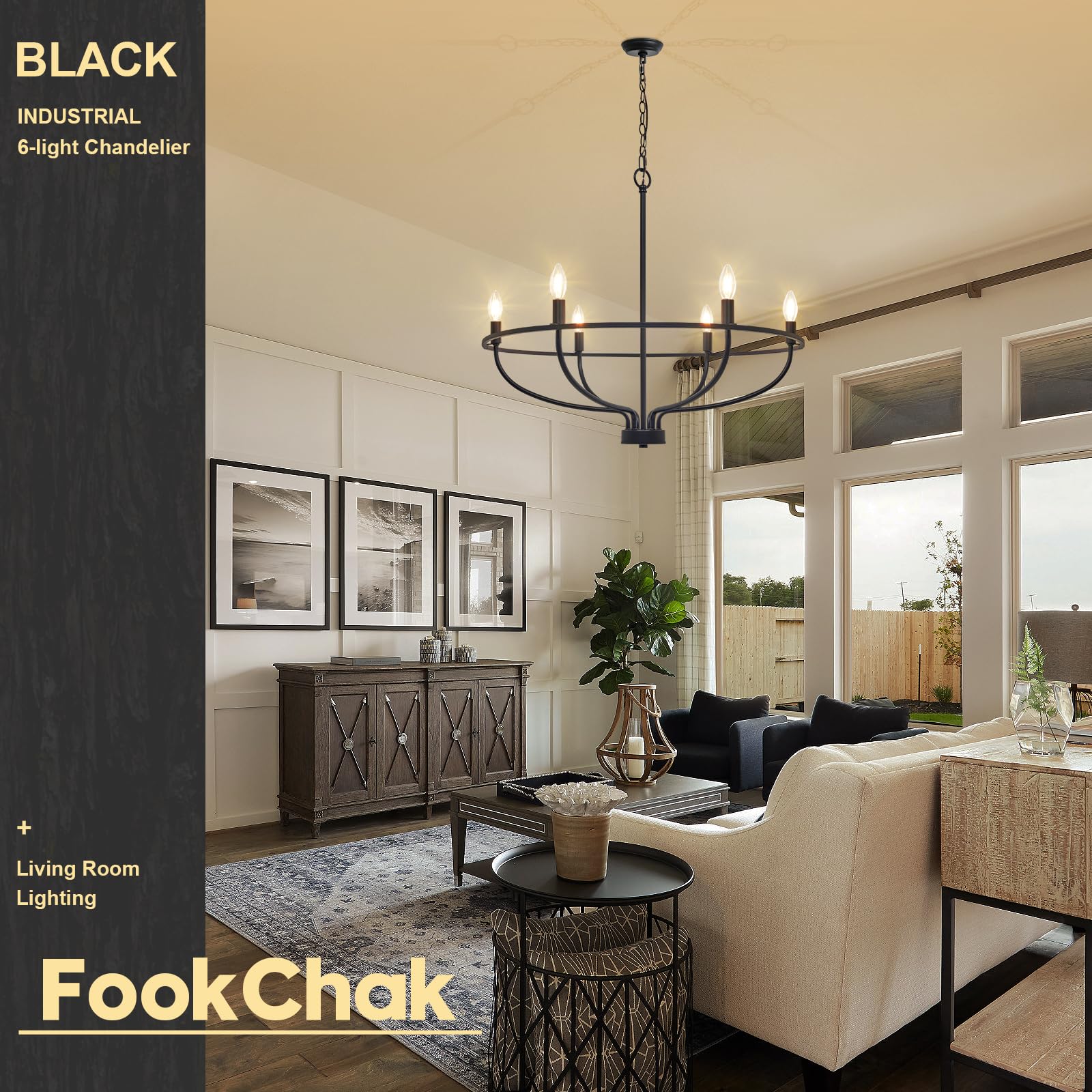FookChak 6-Light Black Chandelier Light Fixture Industrial Candle Chandelier Black Chandeliers for Dining Room for Bedroom, Living Room,Kitchen,28.54in, E12