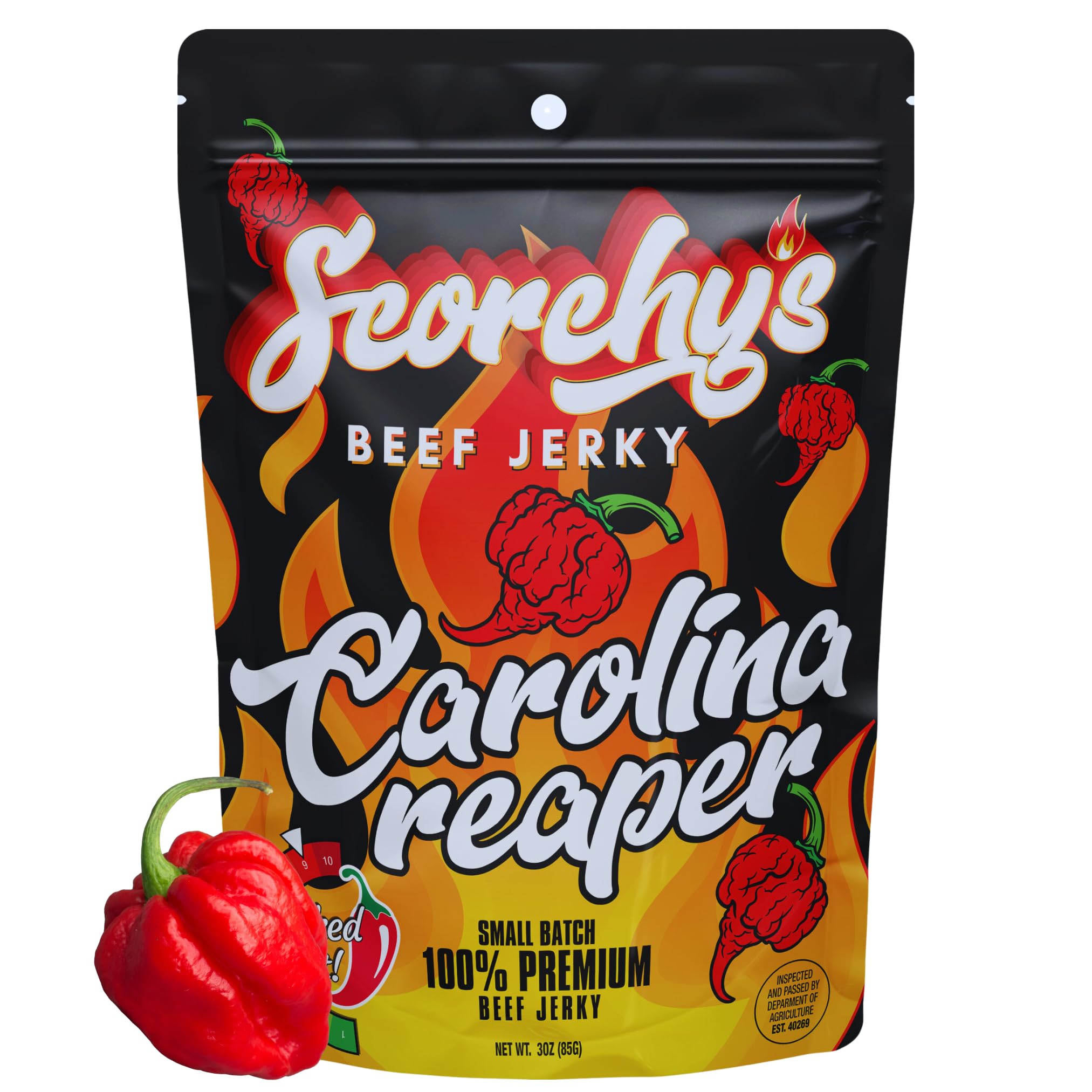 Scorchy's Jerky - Carolina Reaper Beef Jerky - Hand-Crafted Small Batch Jerky - Spicy High Protein Snack | Low Calorie and Low Fat - 30z - 1 pack