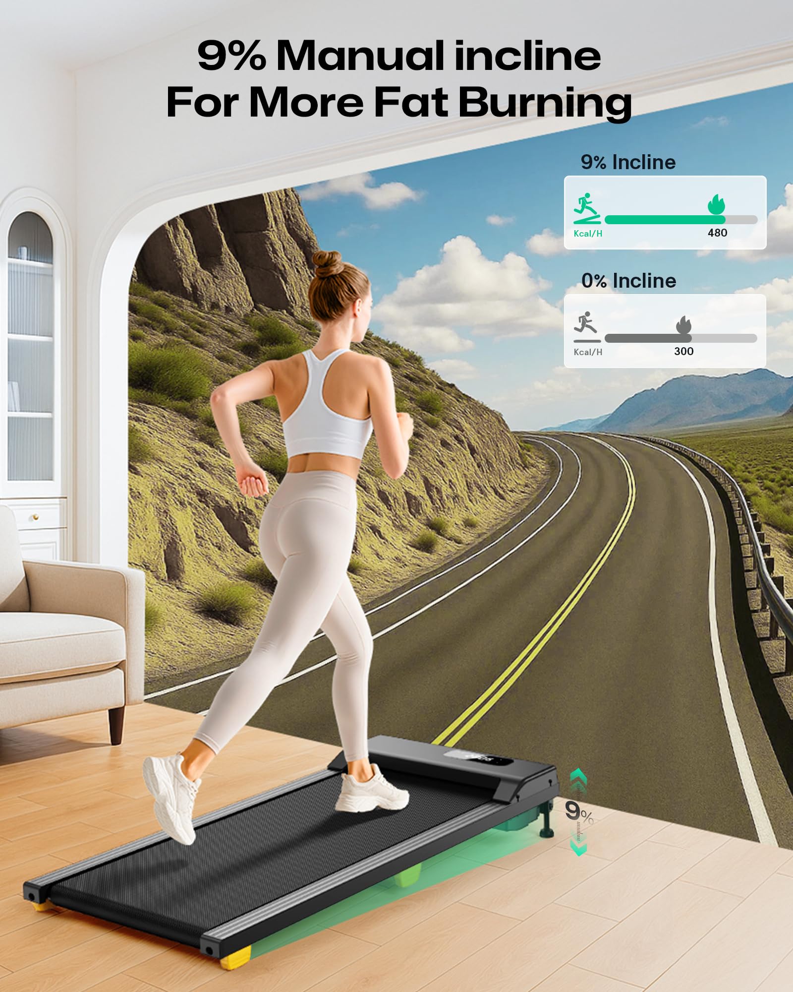 UREVO Walking Pad with Incline, 9% Incline Portable Under Desk Treadmill, 2.5 HP Walking Treadmill Pad for Home and Office, Walking Jogging Running Machine with Remote Control and LED Display