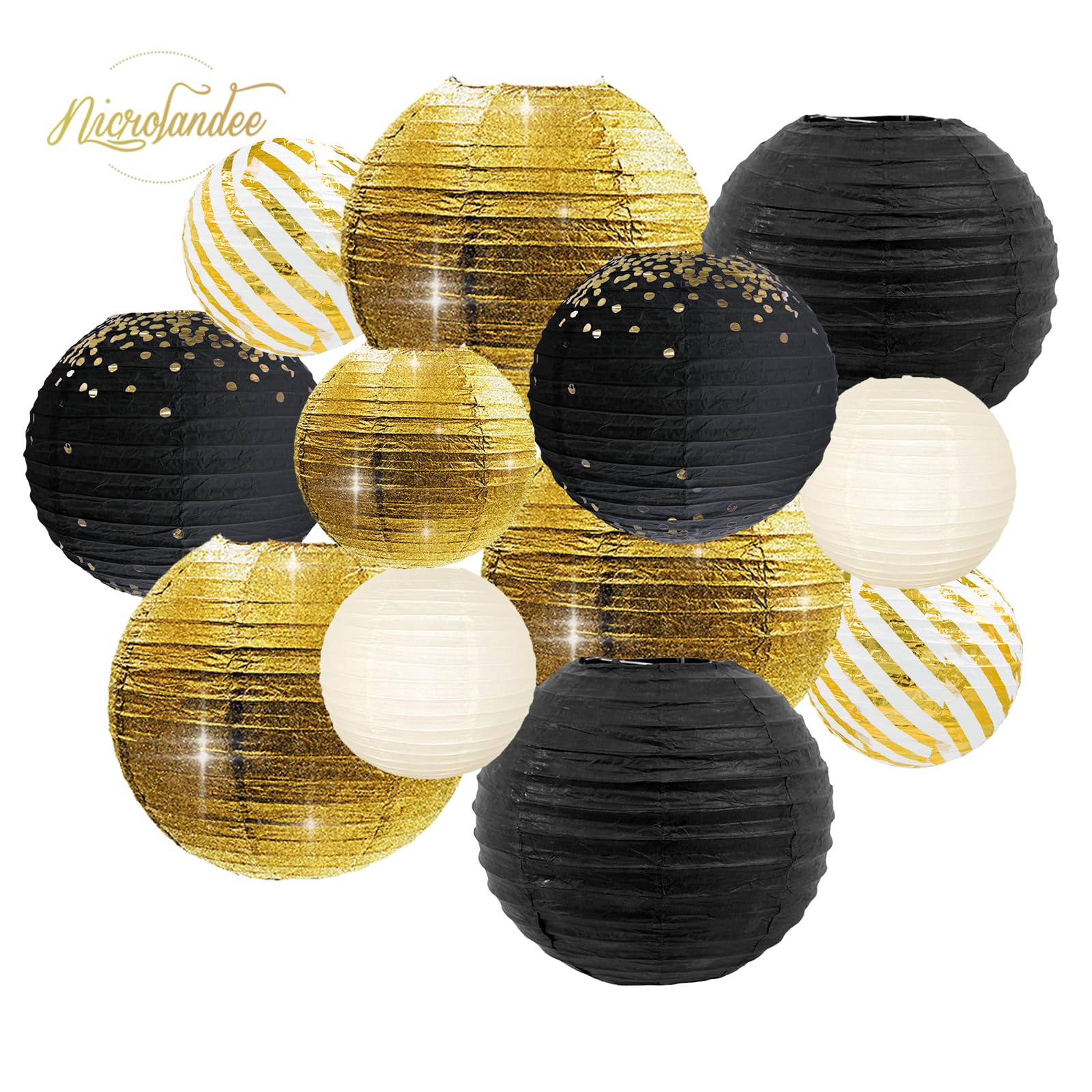 NICROLANDEE Black Gold Party Supplies - 12PCS Black and Gold Metallic Foil Paper Lanterns Decorative for Wedding, Graduation, Birthday, Baby Shower, Retirement Party, New Years Eve Party 2025