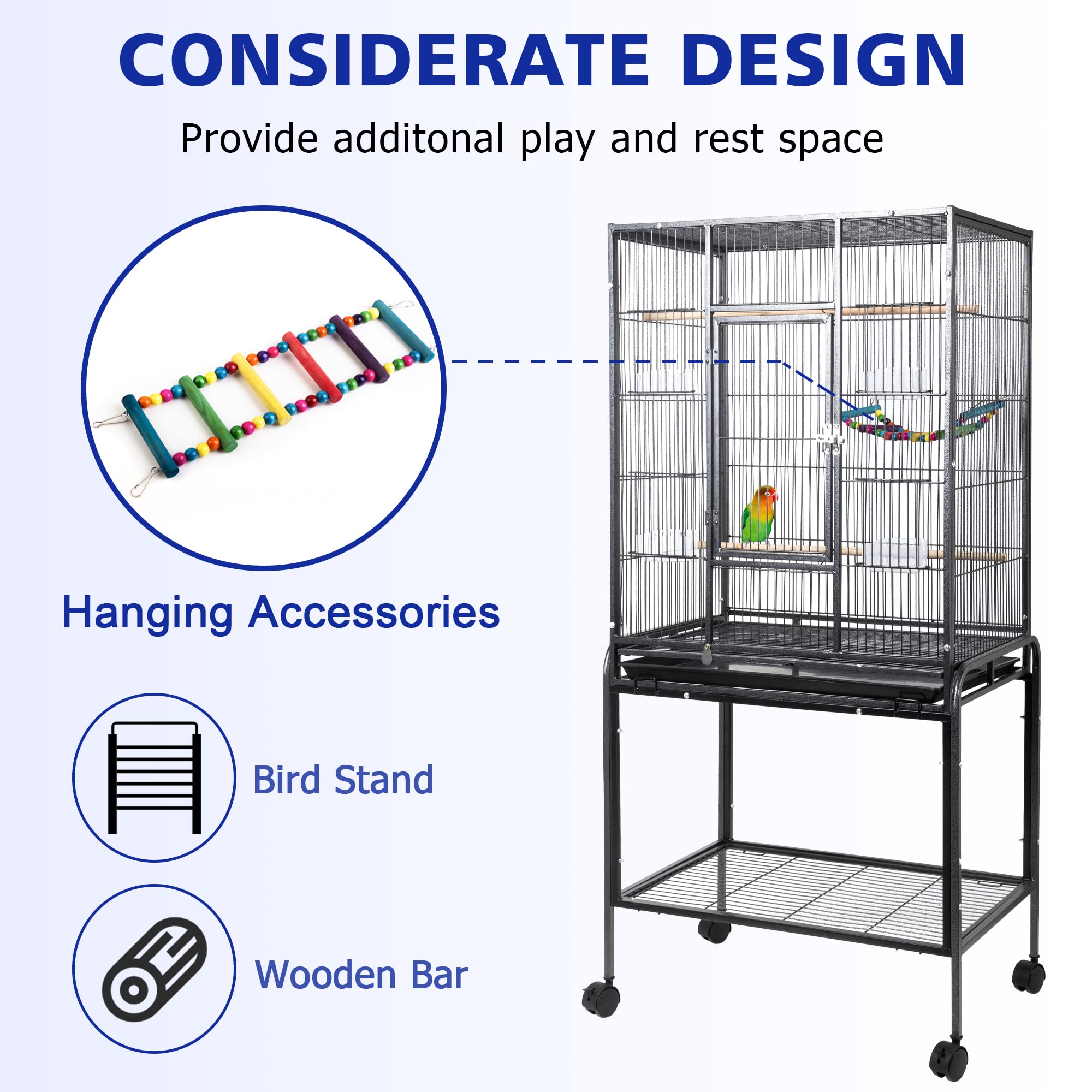 53-inch Bird Cage with Rolling Stand & Storage Shelf, Large Wrought Iron Parrot Cage for Cockatiel, Conure, Lovebird, Parakeets, Pet House with Bottom Tray Wire