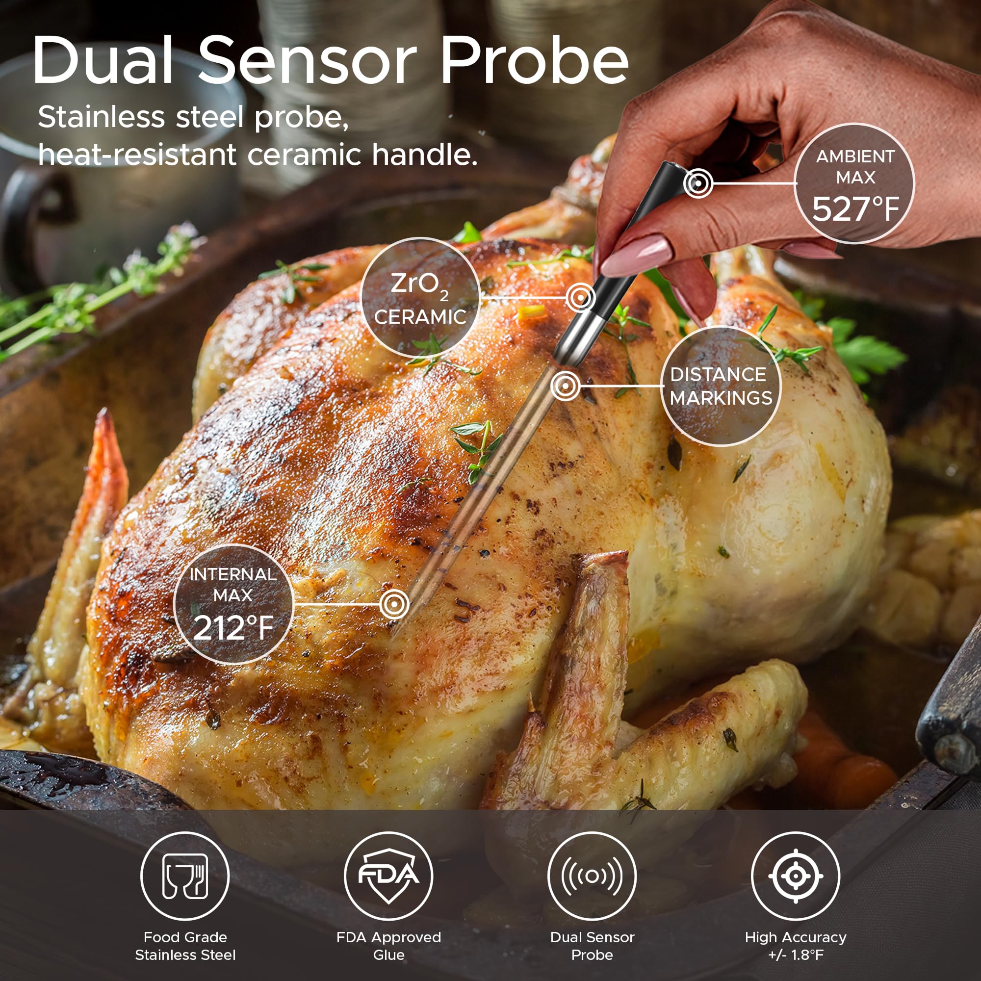 CulinaTech 750ft Wireless Meat Thermometer Long Range for Smoker, BBQ & Rotisserie, Smart Bluetooth Thermometer Dual Sensor Waterproof Probe with LCD Base Station Display & App Control