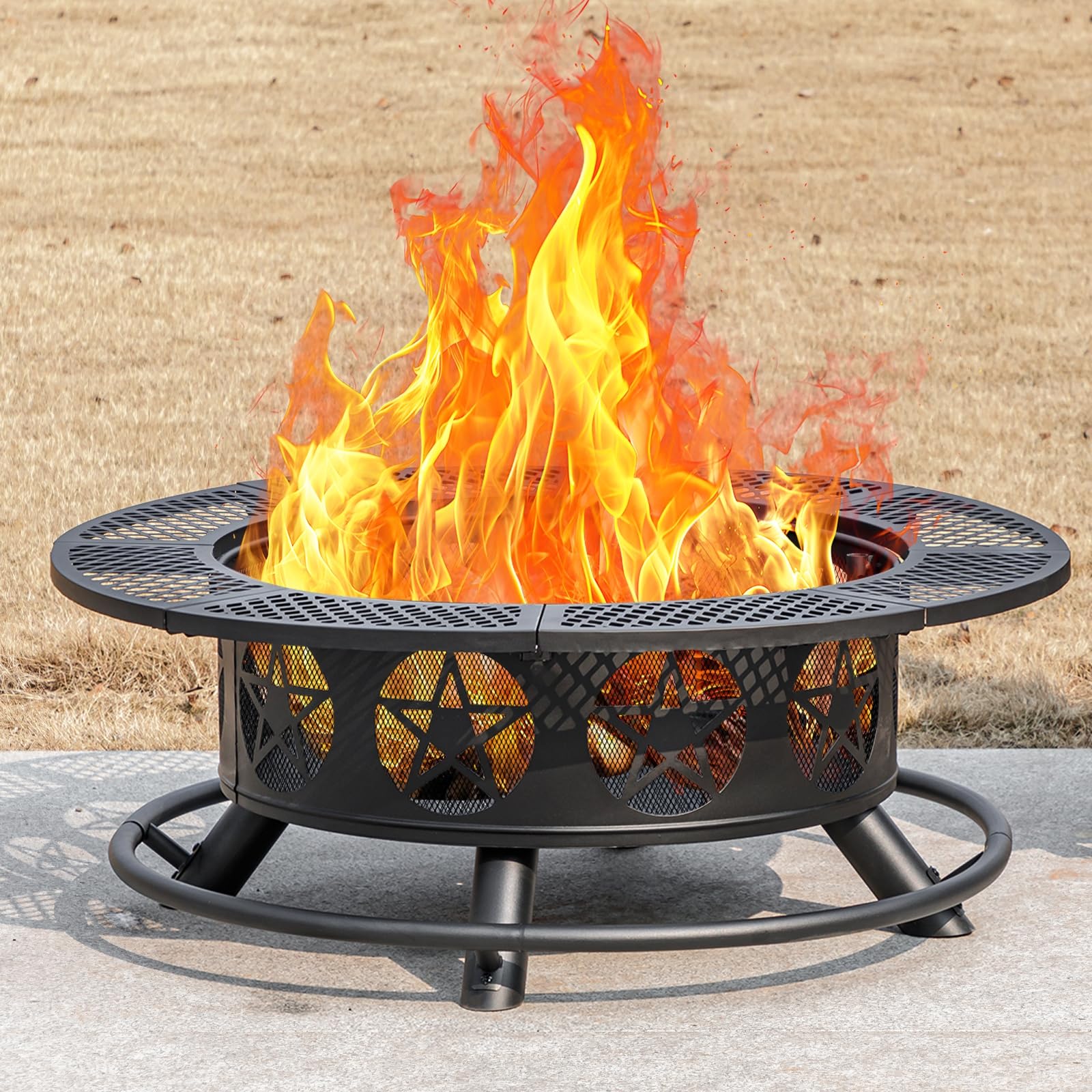 Outvue 42 Inch Fire Pit with 2 Grills, Extra Large Wood Burning Fire Pits for Outside with Lid & Poker, Heavy Duty Firepit,BBQ& Outdoor Fire Pit & Round Metal Table 3 in 1 for Patio, Picnic, Party