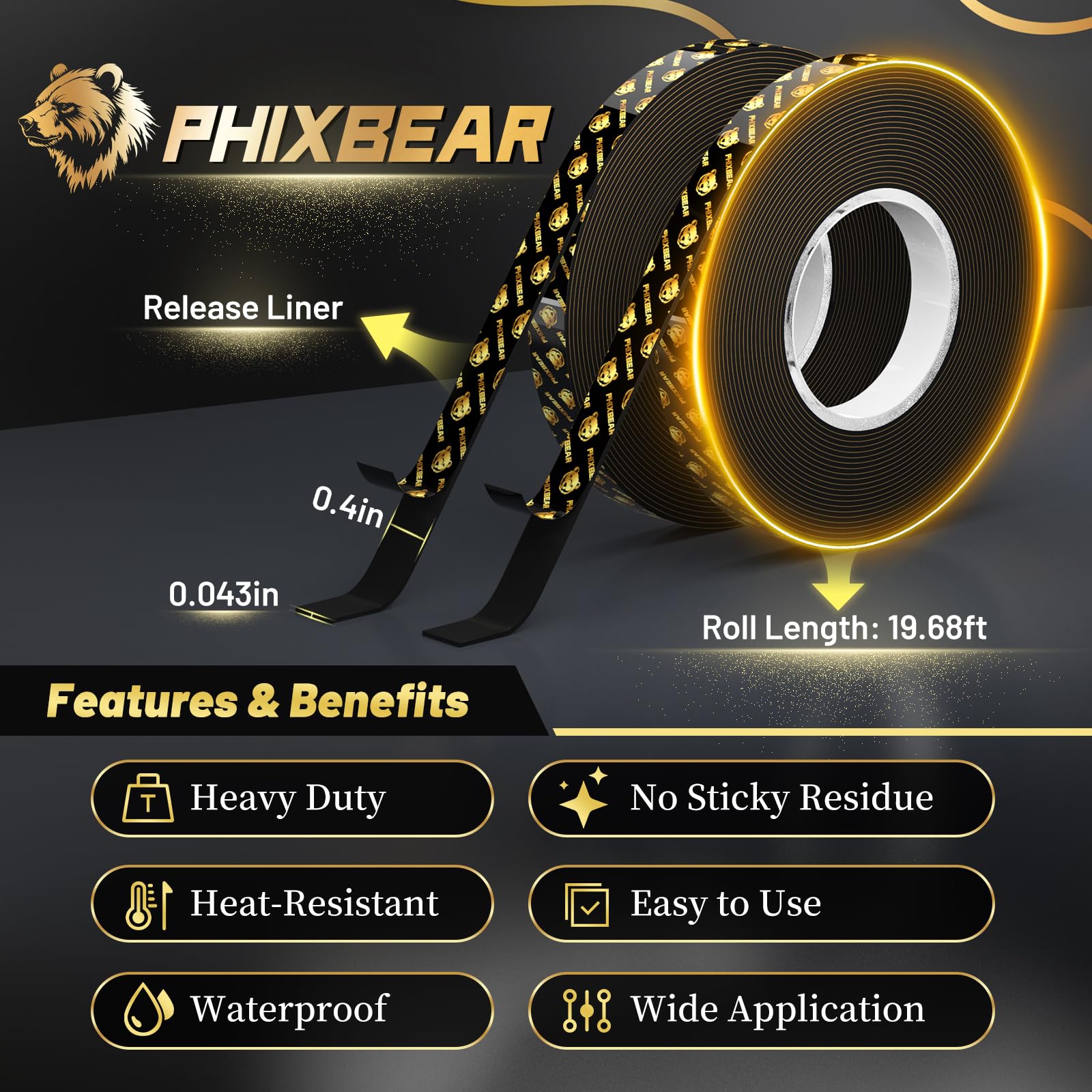 PHIXBEAR Pro+ Heat Resistant Heavy Duty Foam Tape, Super Strong Double Sided Mounting Tape for Indoor, Outdoor, Automotive, LED Strip, Weatherproof Removable No Residue 0.4" x 19.7 FT