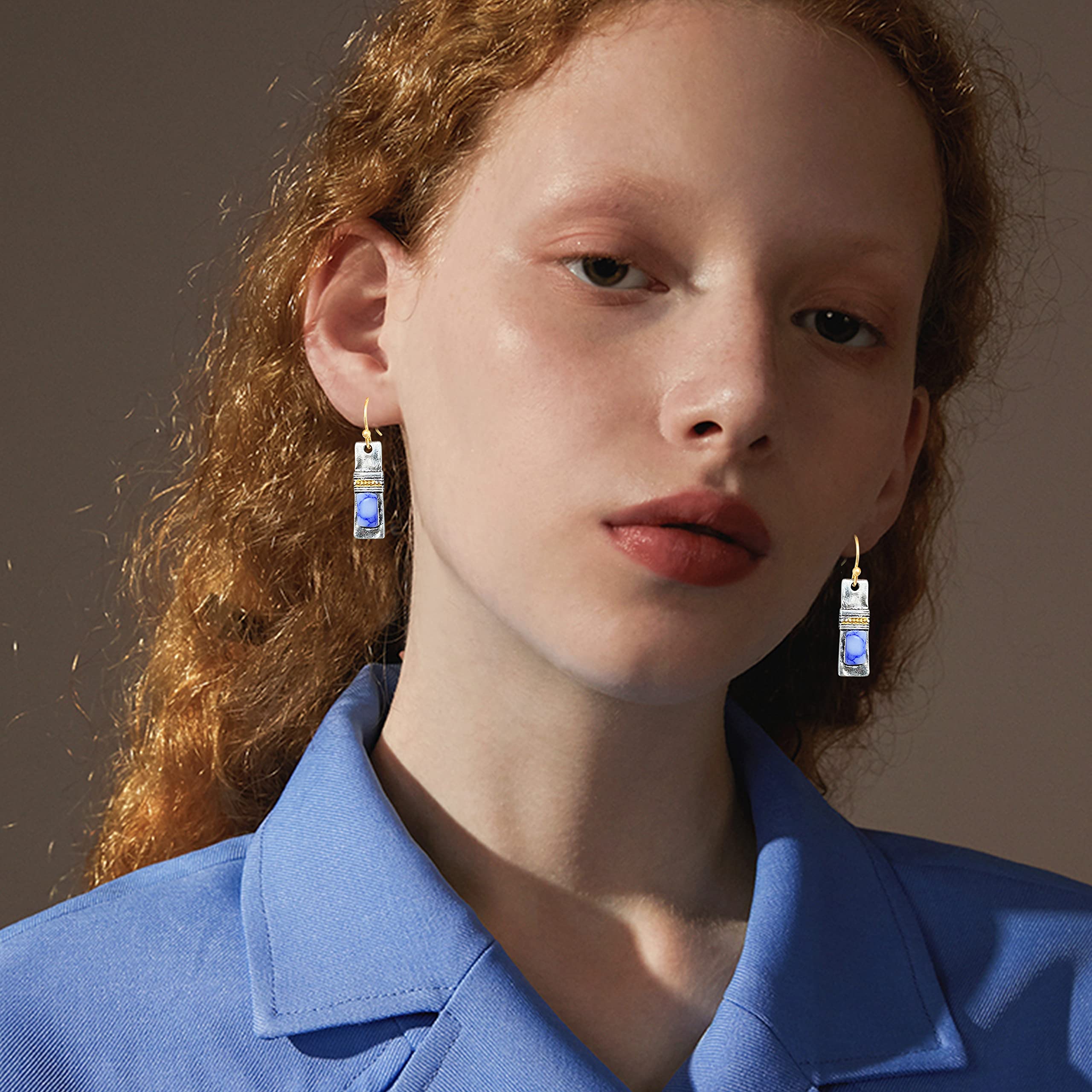 Unique Handmade Bohemian Enamel Vintage Matt Silver Bar Dangle Earrings Chic Round Blue Gemstone Geometric Square Drop Earrings for Women Statement Jewelry (Silver)