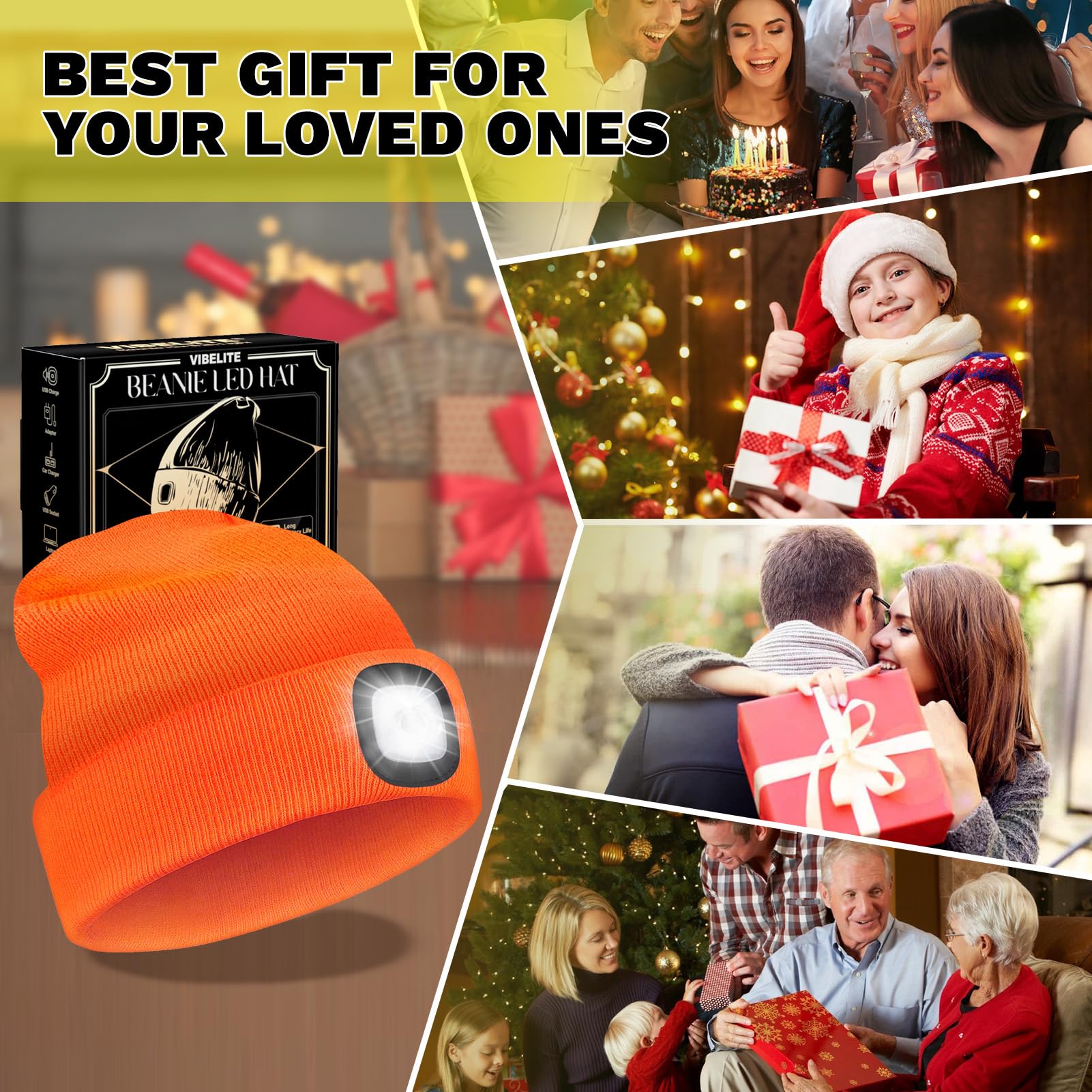 VIBELITE LED Beanie Hat with Light, USB Rechargeable LED Headlamp, Gifts for Christmas, Stocking Stuffers for Men Him Husband Boyfriend Dad Father, Orange