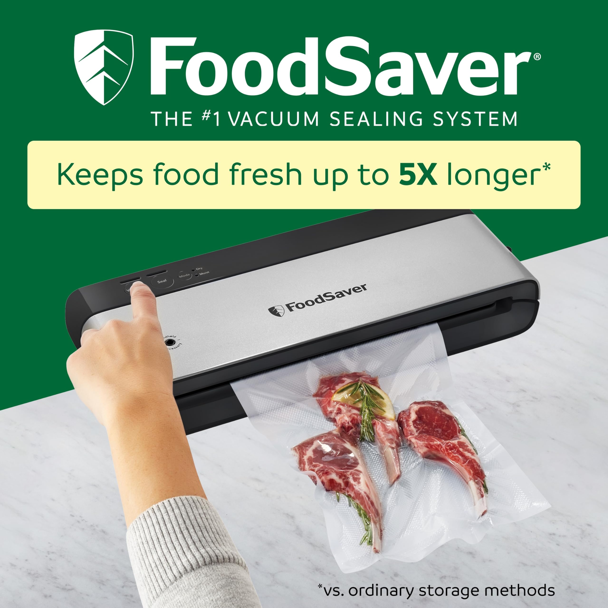 FoodSaver PowerVac Compact Vacuum Sealing Machine Stainless Steel & Black Vertical Storage VS0150 | Preserves freshness reduces bag waste for both dry and wet food
