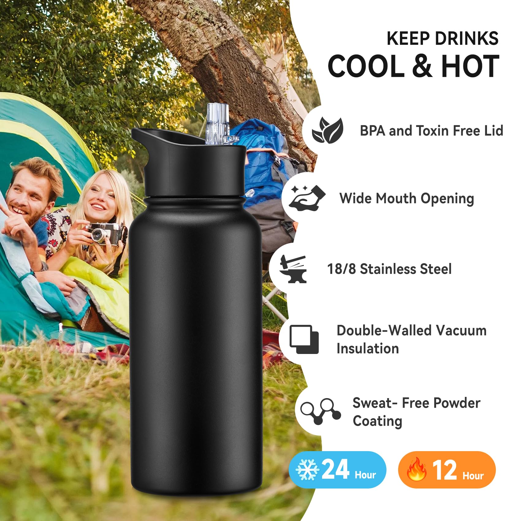 Cool Yoleb 32 Oz Insulated Stainless Steel Water Bottle with Straw and Spout Lid Leak Proof Double Wall Vacuum Sports Water Bottles for Gym Camping Hiking, Black