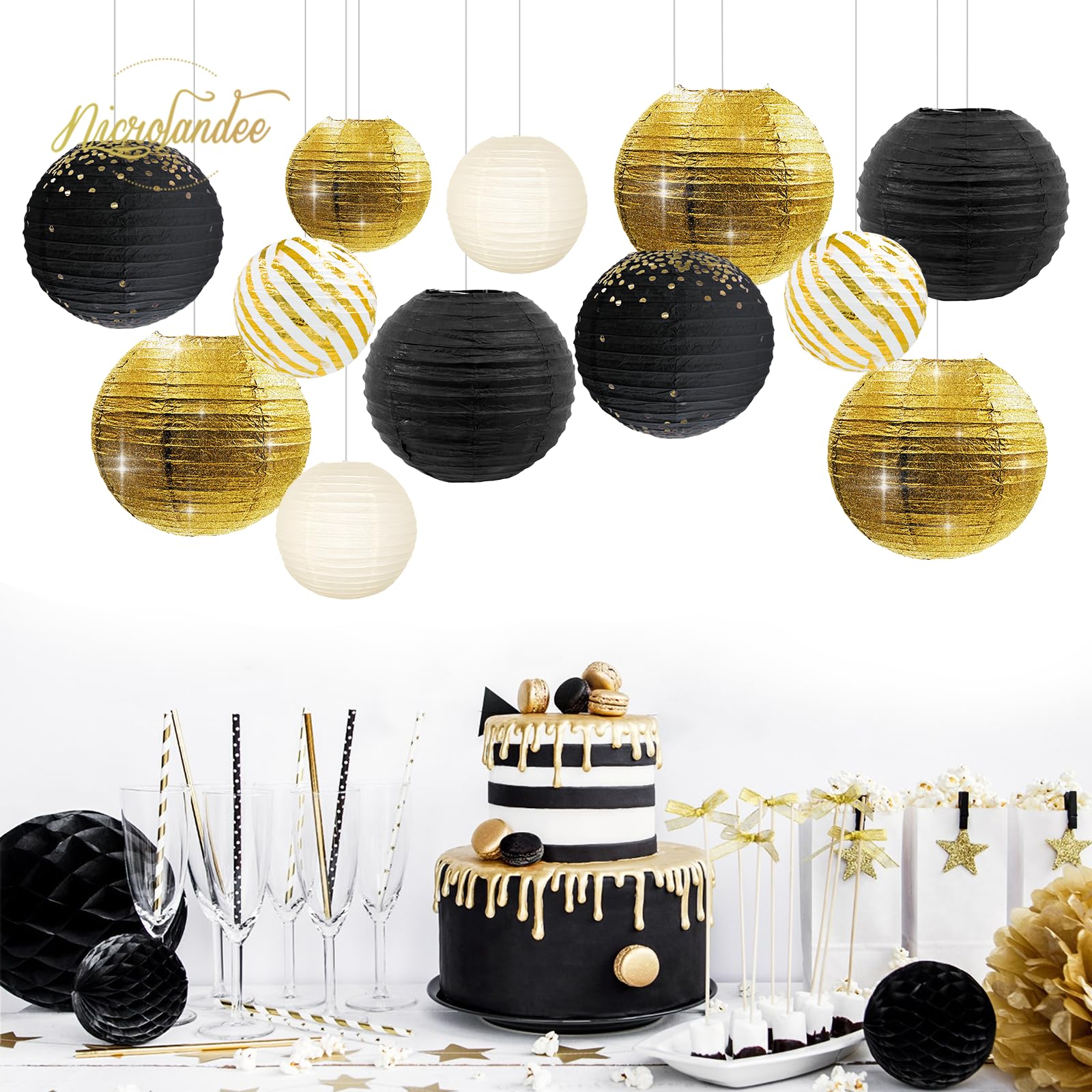 NICROLANDEE Black Gold Party Supplies - 12PCS Black and Gold Metallic Foil Paper Lanterns Decorative for Wedding, Graduation, Birthday, Baby Shower, Retirement Party, New Years Eve Party 2025