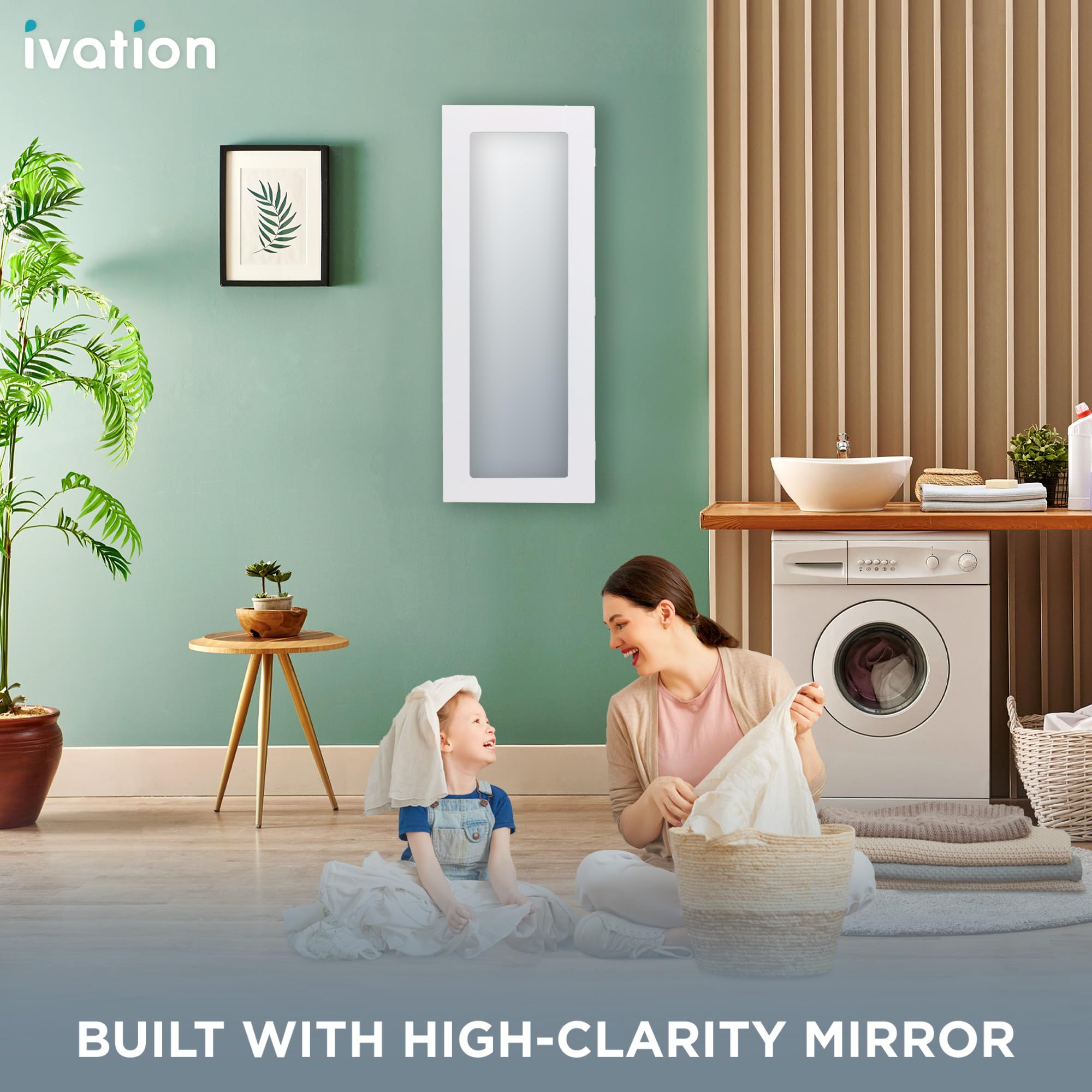 Ivation Wall-Mounted Ironing Board Cabinet with Mirror, Foldable Ironing Storage Station for Home, Apartment, Easy-Release Lever, Garment Hooks, White