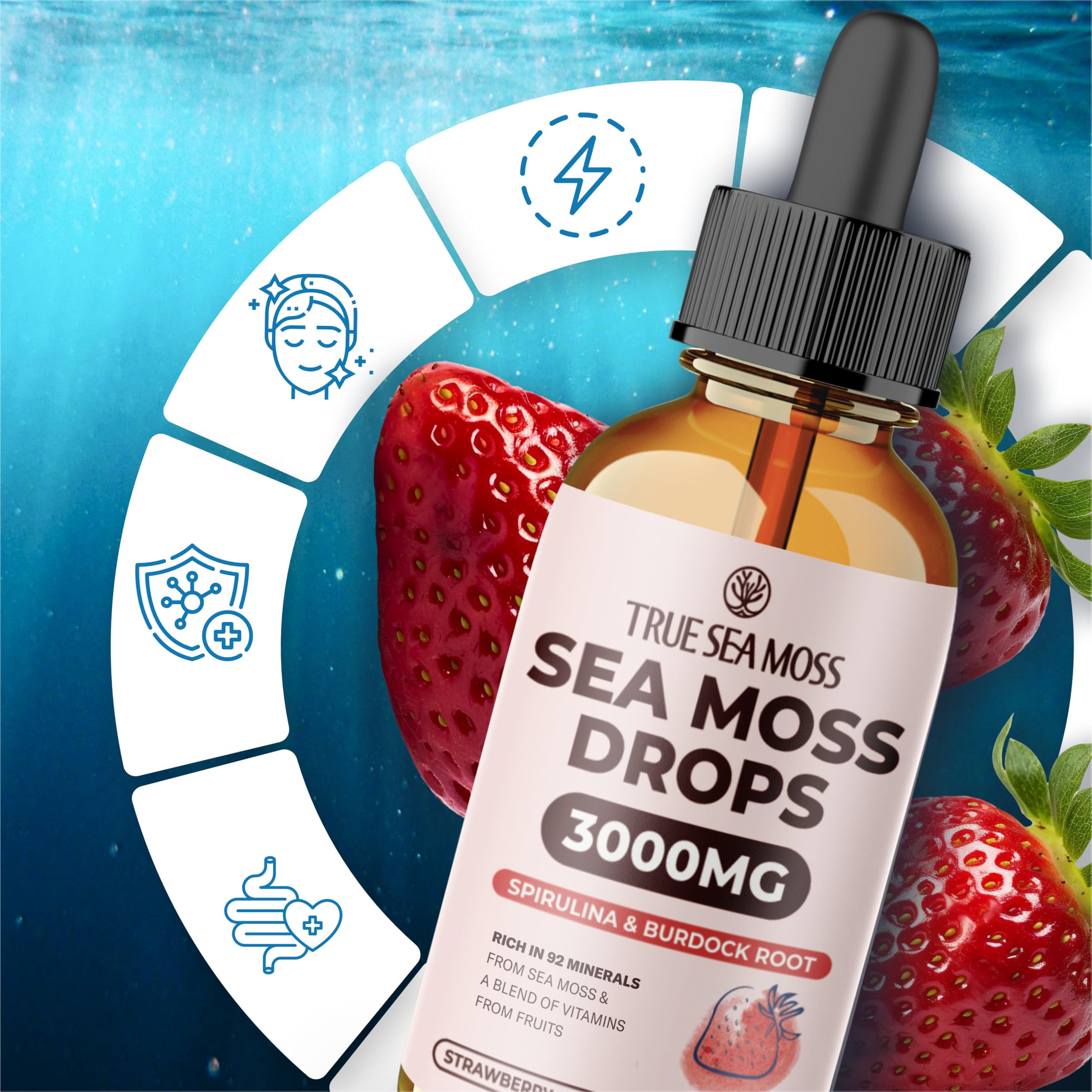TrueSeaMoss Irish Sea Moss Drops - 5X Stronger Than Sea Moss Gel - 92+ Essentials Minerals - with Spirulina Powder, Burdock Root & Black Cumin - 2 Fl Oz (60ml) - Strawberry Flavor