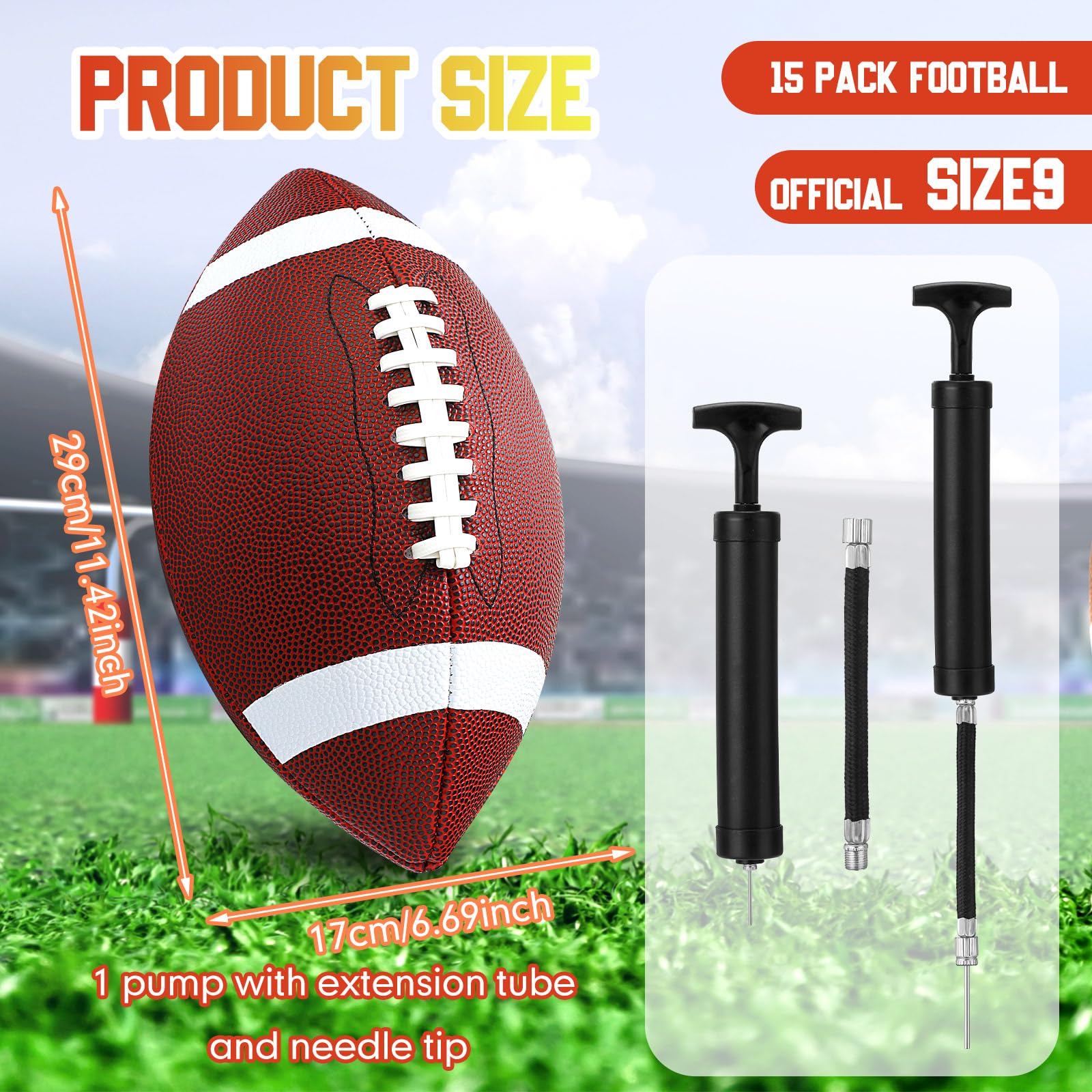 Jerify Composite Leather Footballs Official Size Composite Leather Balls Leather Inflatable Footballs with Pump Indoor Outdoor Footballs Bulk for Training and Recreational Play(15 Pcs)