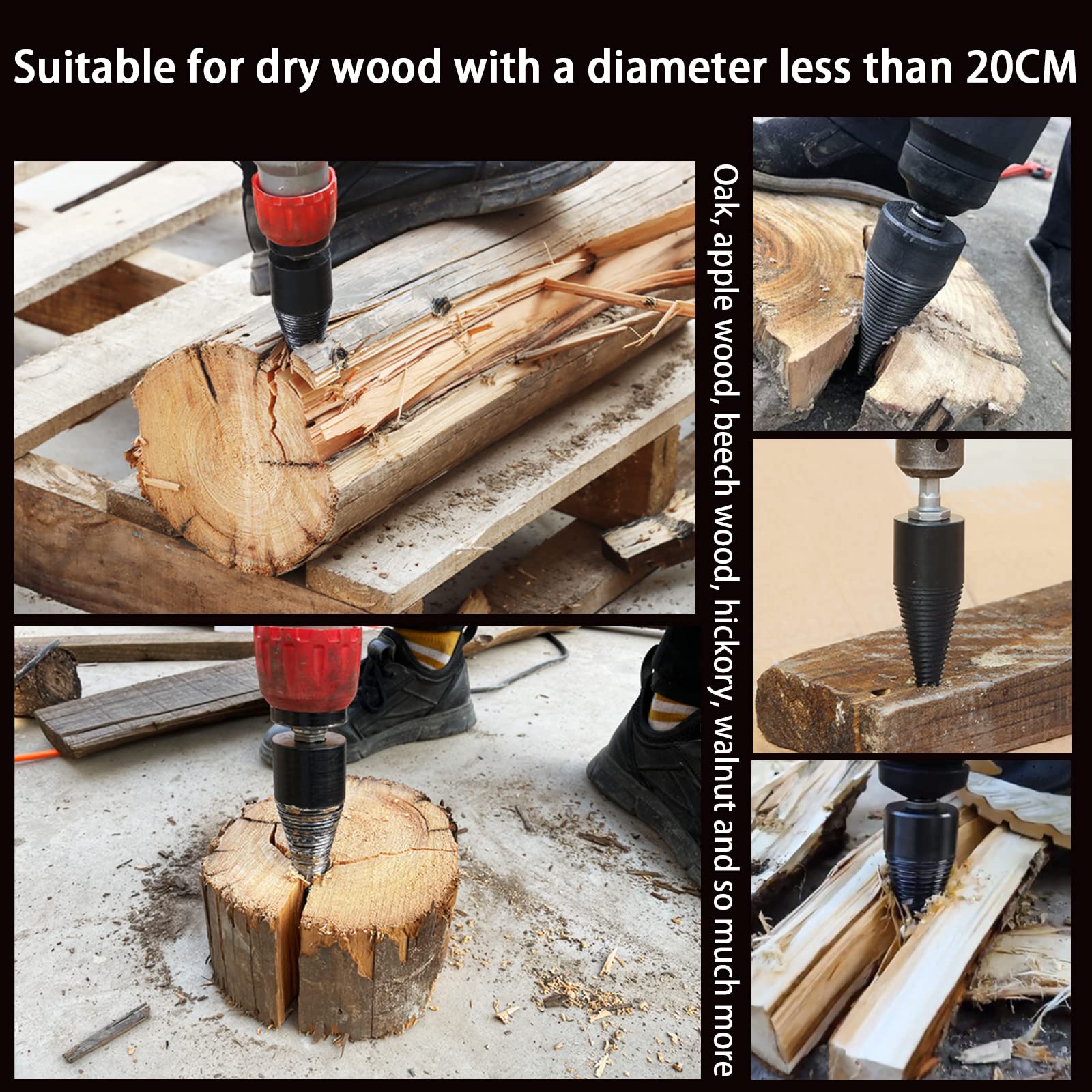 Firewood Log Splitter, 3pcs Drill Bit Removable Cones Kindling Wood Splitting logs bits Heavy Duty Electric Drills Screw Cone Driver Hex + Square + Round 32mm/1.26inch, Black 32MM