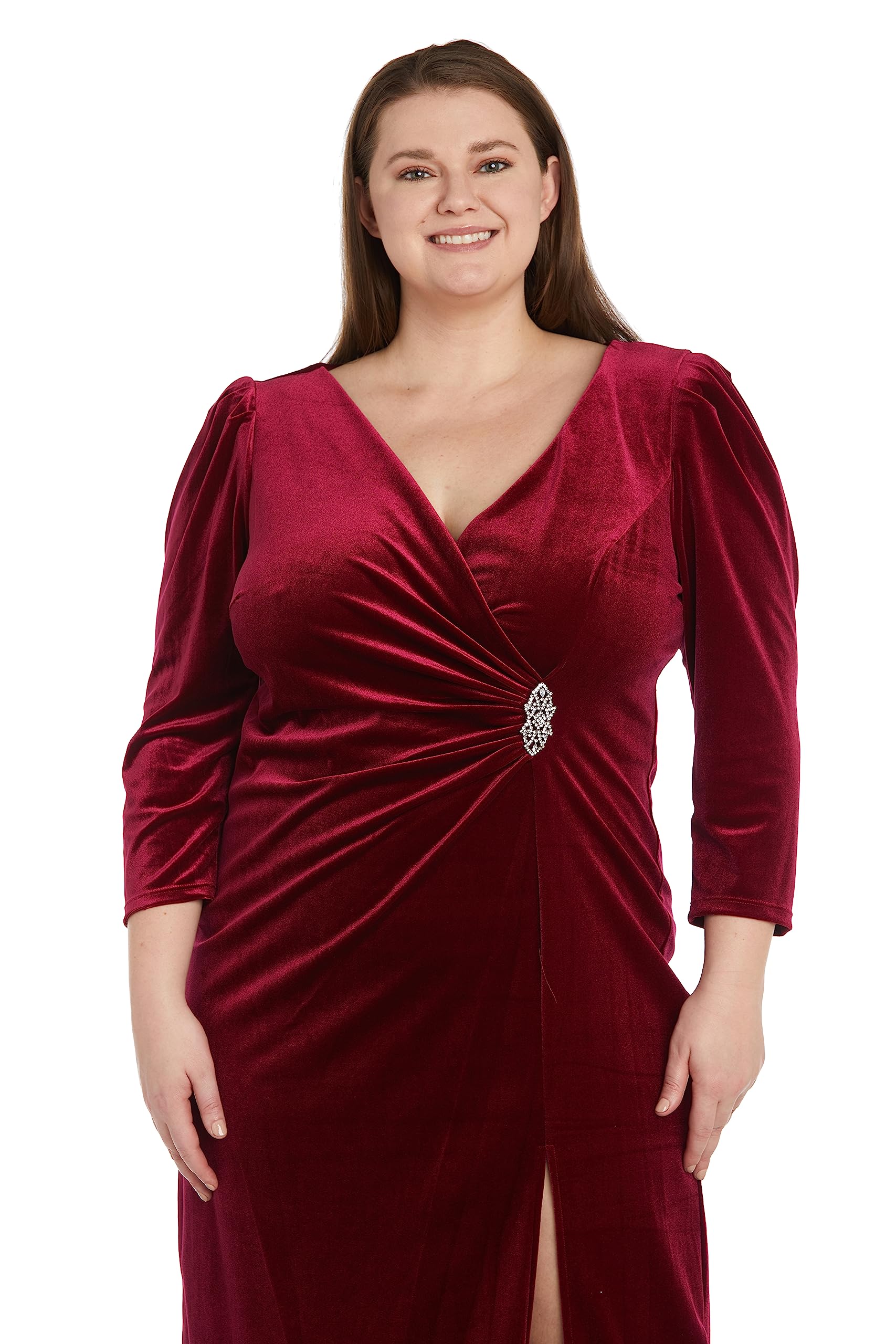 R&M Richards Women's Plus Size Velvet Dress with Side Slit, Wine