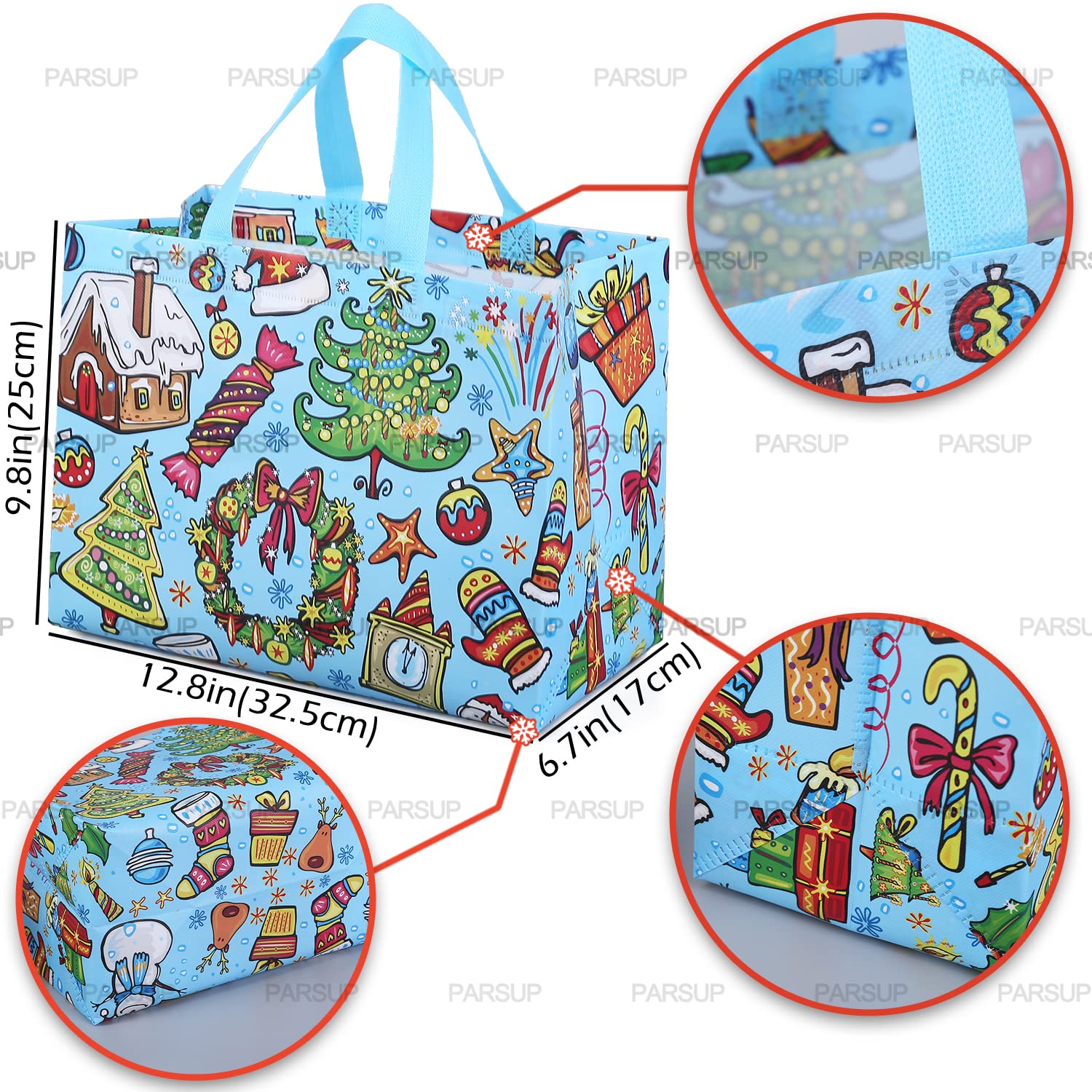 PARSUP 8PCS Christmas Gift Bags, Tote Bags with Handles, Treat Bags, Multifunctional Non-Woven Bags for Gifts Wrapping Shopping, Xmas Party Supplies, 12.8"×9.8"×6.7"
